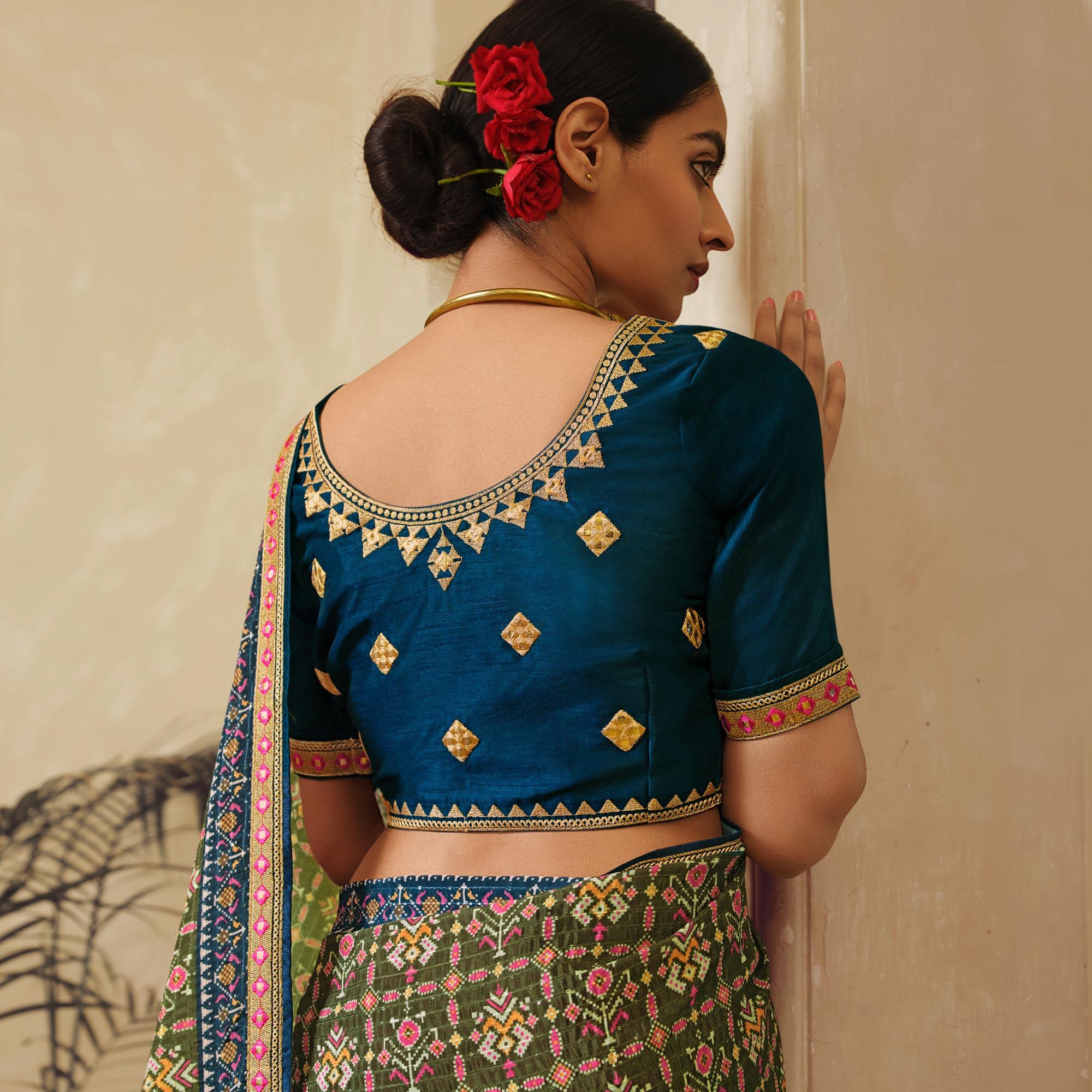 Olive Green Printed With Embellished Chiffon Saree With Tassels - Peachmode