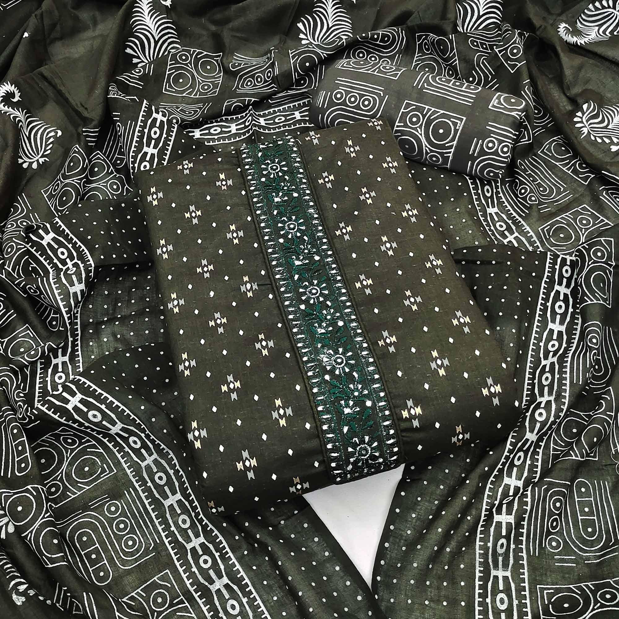 Olive Green Printed With Embroidered Cotton Blend Dress Material - Peachmode