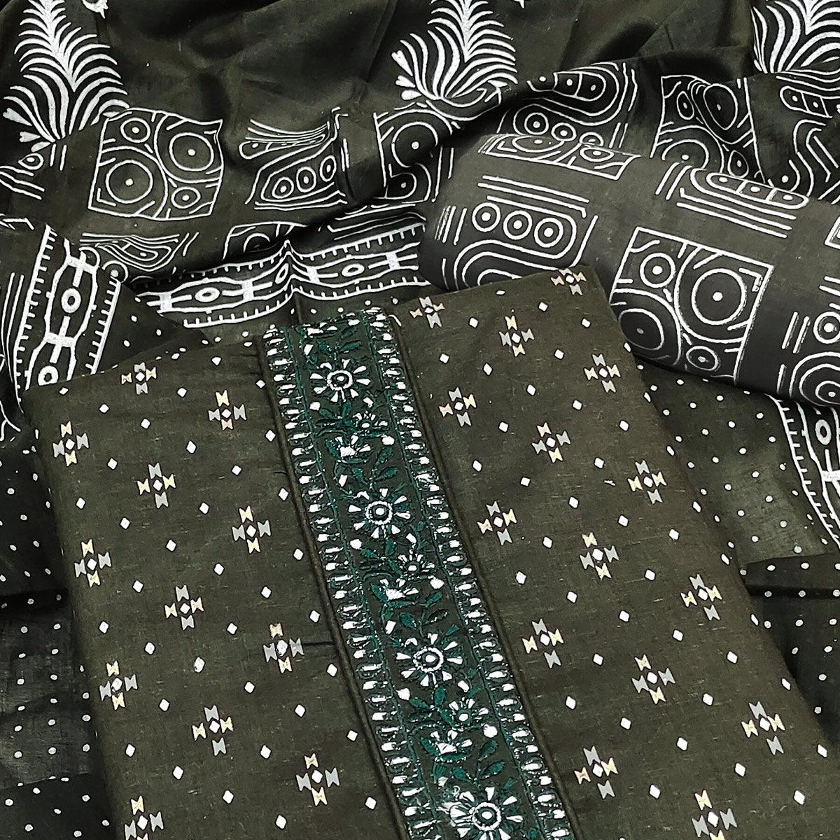 Olive Green Printed With Embroidered Cotton Blend Dress Material - Peachmode