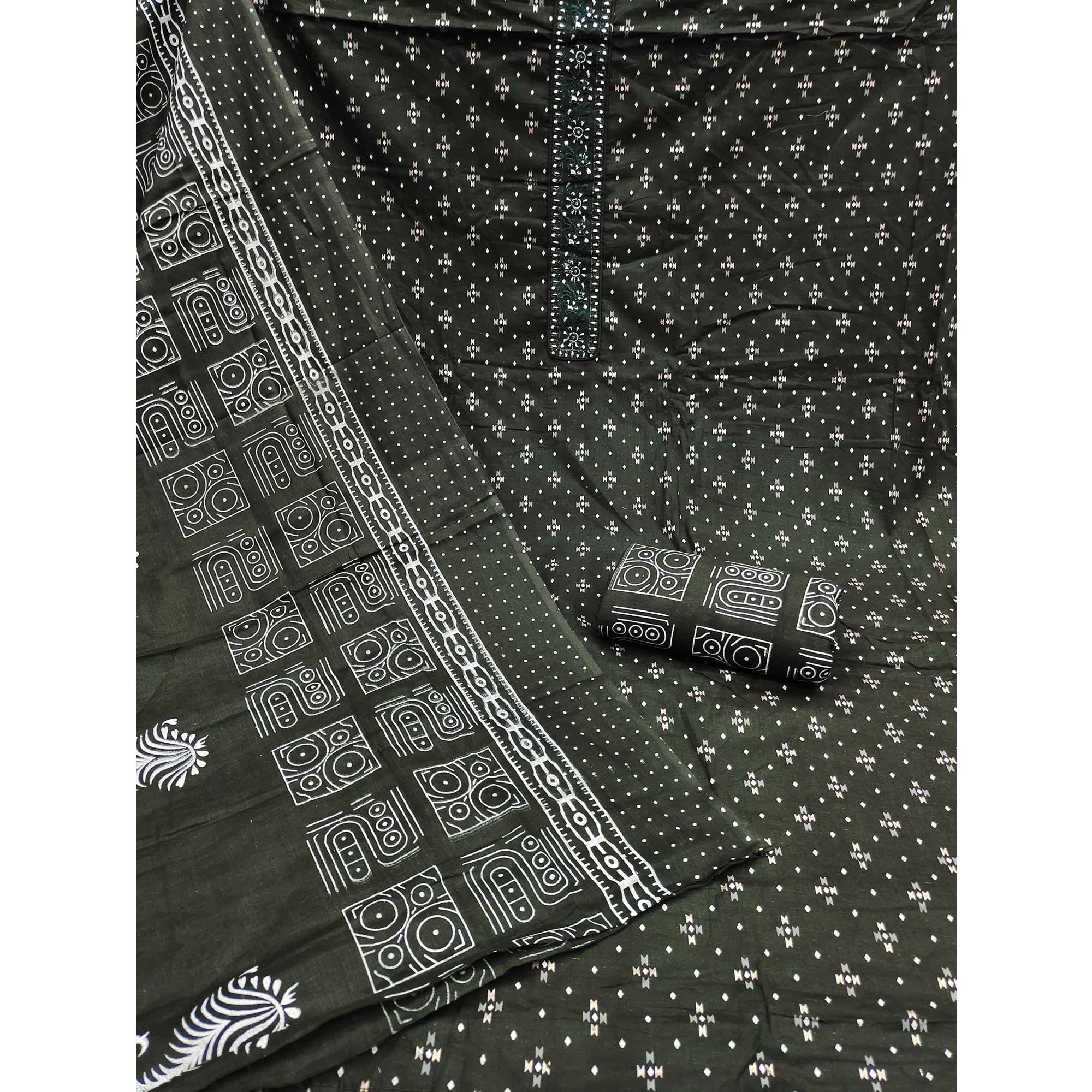 Olive Green Printed With Embroidered Cotton Blend Dress Material - Peachmode