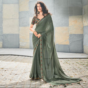 Olive Green Printed With Gota Patti Border Georgette Saree - Peachmode