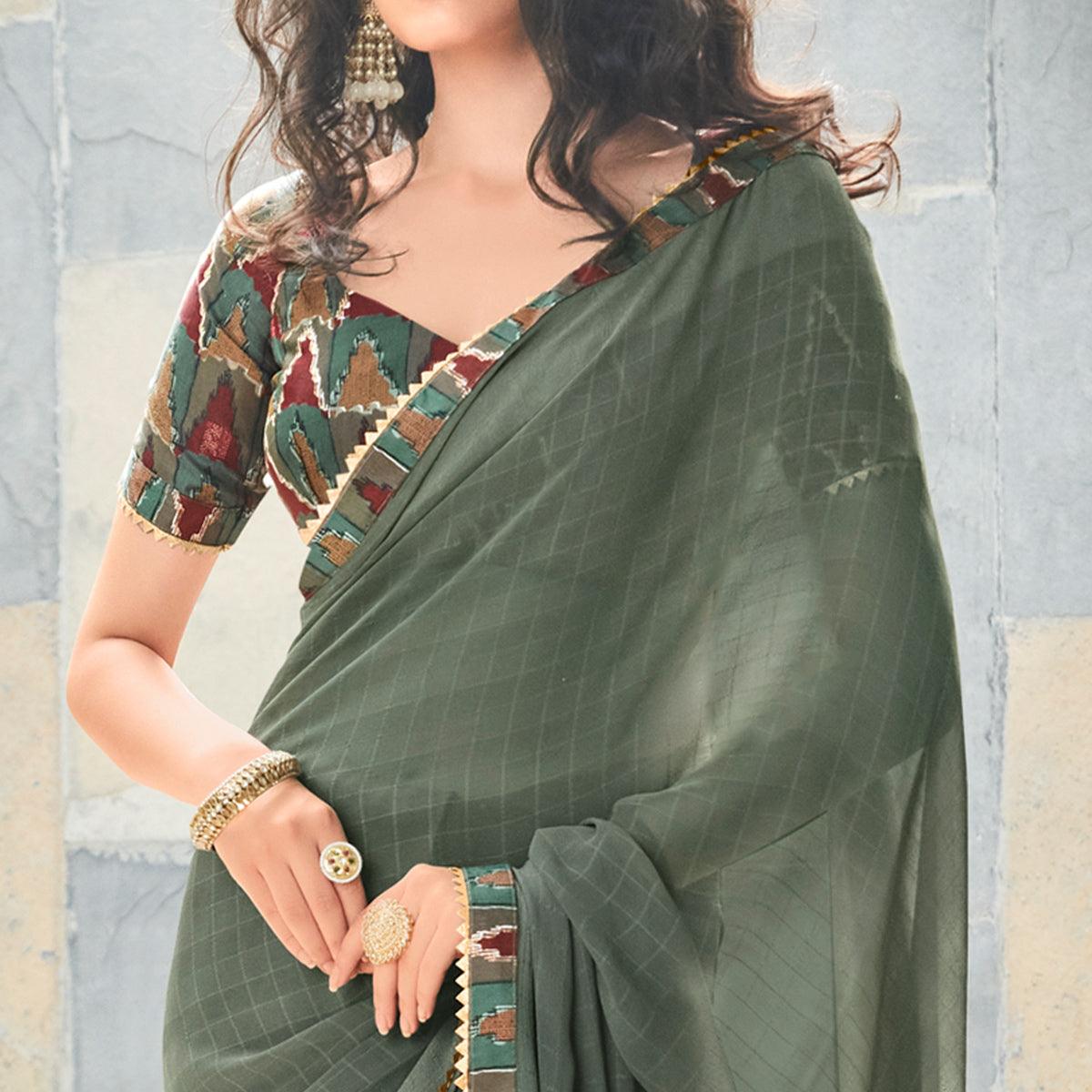 Olive Green Printed With Gota Patti Border Georgette Saree - Peachmode