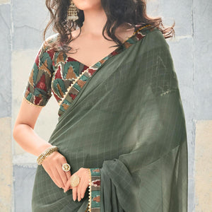 Olive Green Printed With Gota Patti Border Georgette Saree - Peachmode
