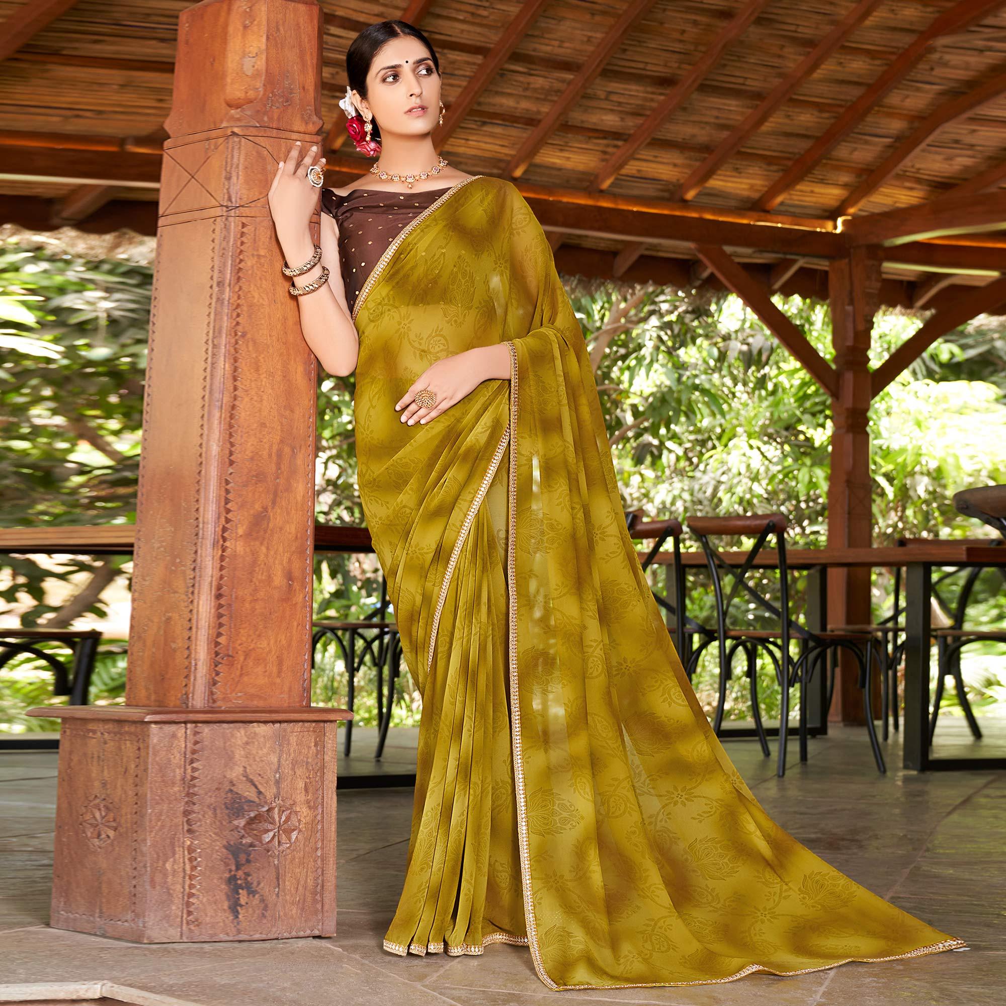 Olive Green Printed With Sequence Embroidered Border Georgette Saree - Peachmode