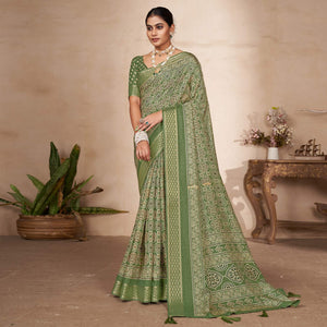 Olive Green Printed-Woven Dola Silk Saree With Tassels - Peachmode