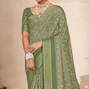 Olive Green Printed-Woven Dola Silk Saree With Tassels - Peachmode