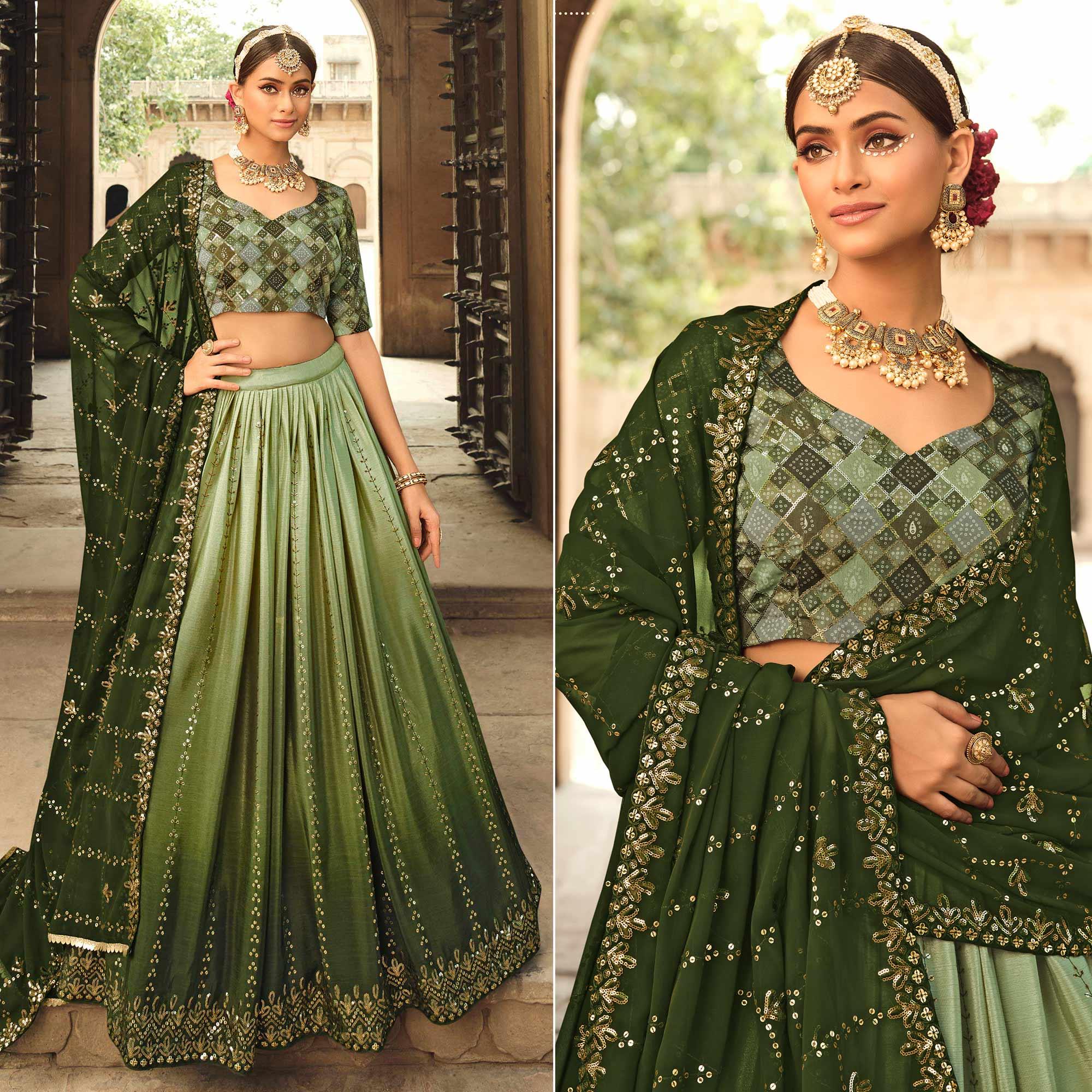 Olive Green Sequence Embroidered Art Silk Lehenga Choli - Peachmode
