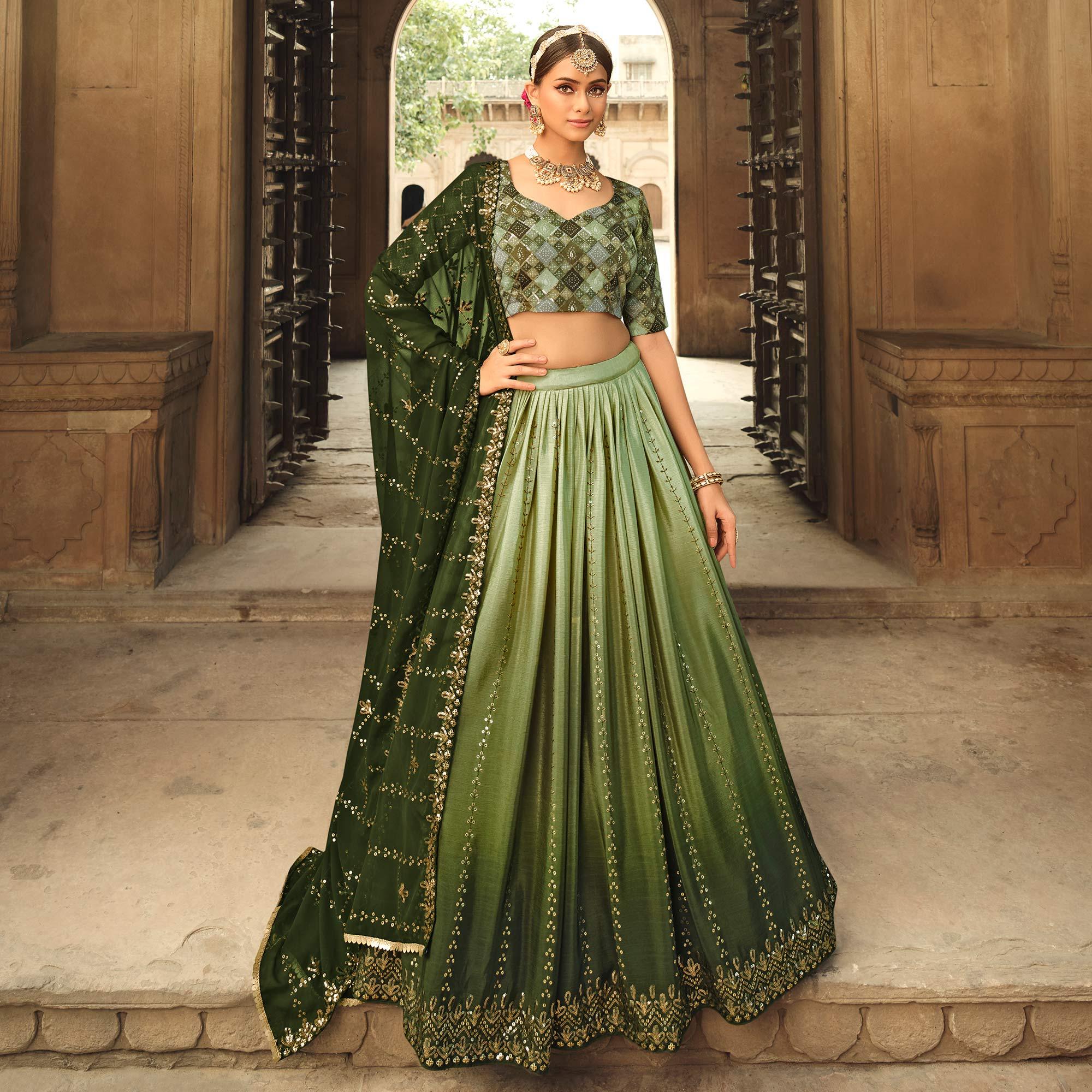 Olive Green Sequence Embroidered Art Silk Lehenga Choli - Peachmode