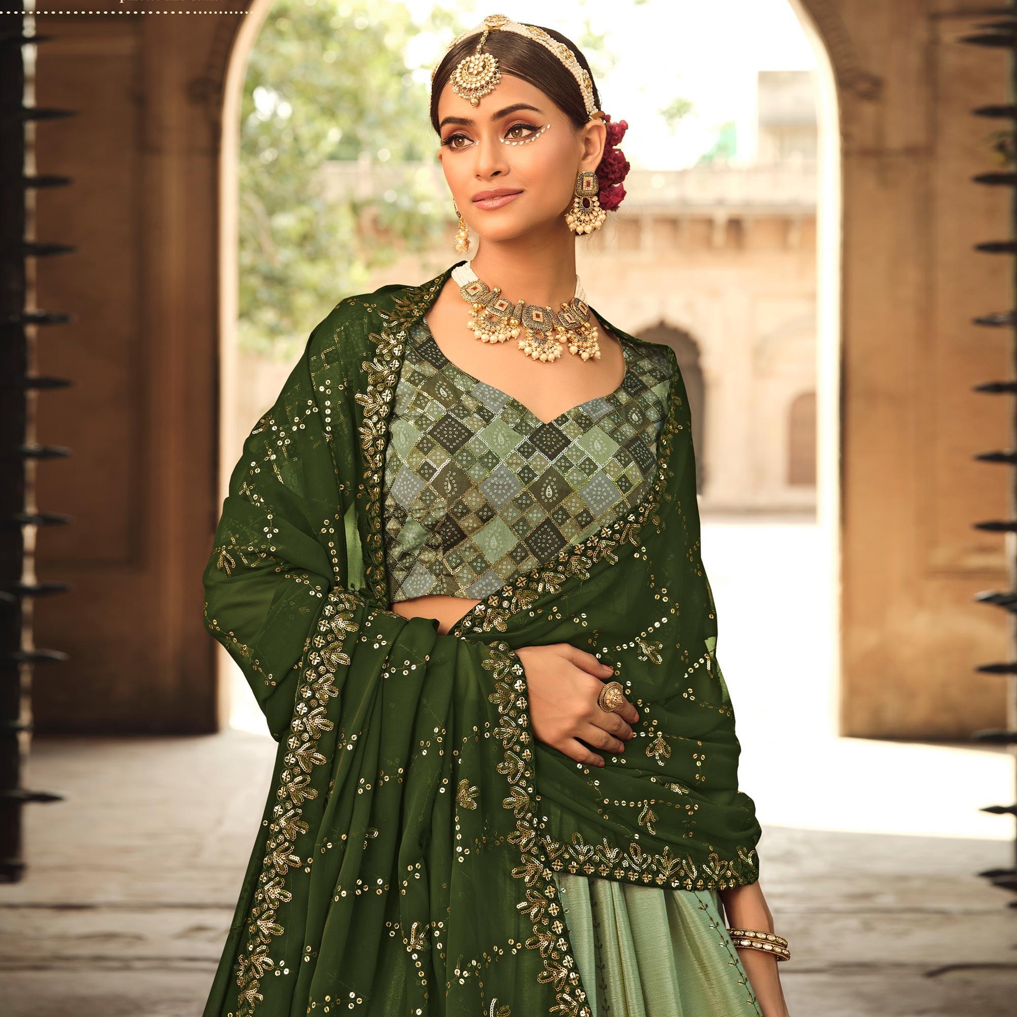 Olive Green Sequence Embroidered Art Silk Lehenga Choli - Peachmode