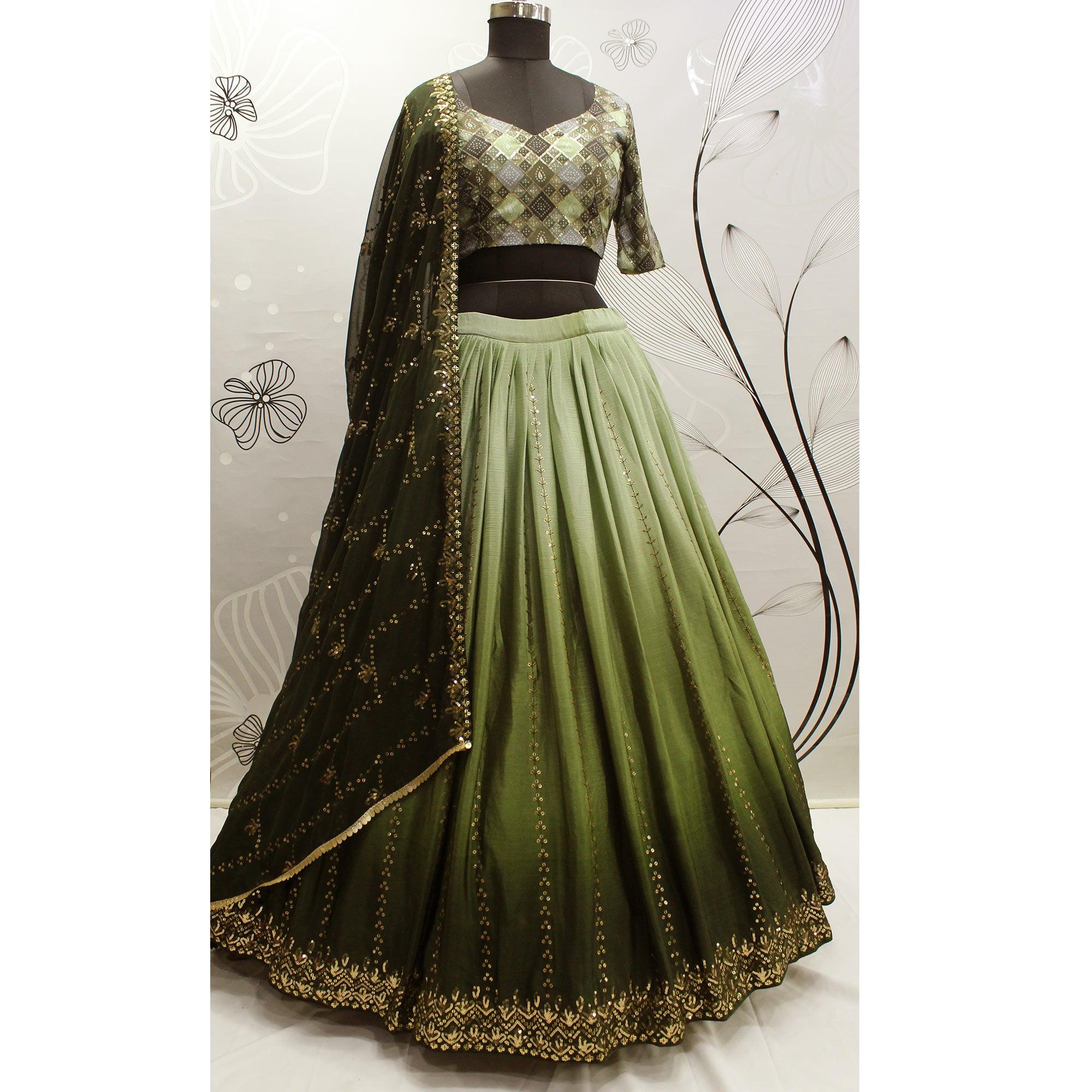 Olive Green Sequence Embroidered Art Silk Lehenga Choli - Peachmode