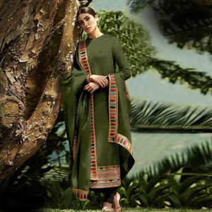 Olive Green Sequence Embroidered Georgette Salwar Suit - Peachmode