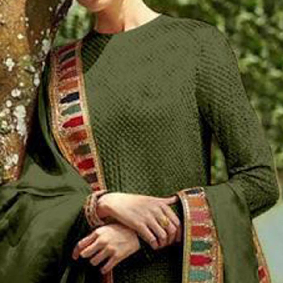 Olive Green Sequence Embroidered Georgette Salwar Suit - Peachmode