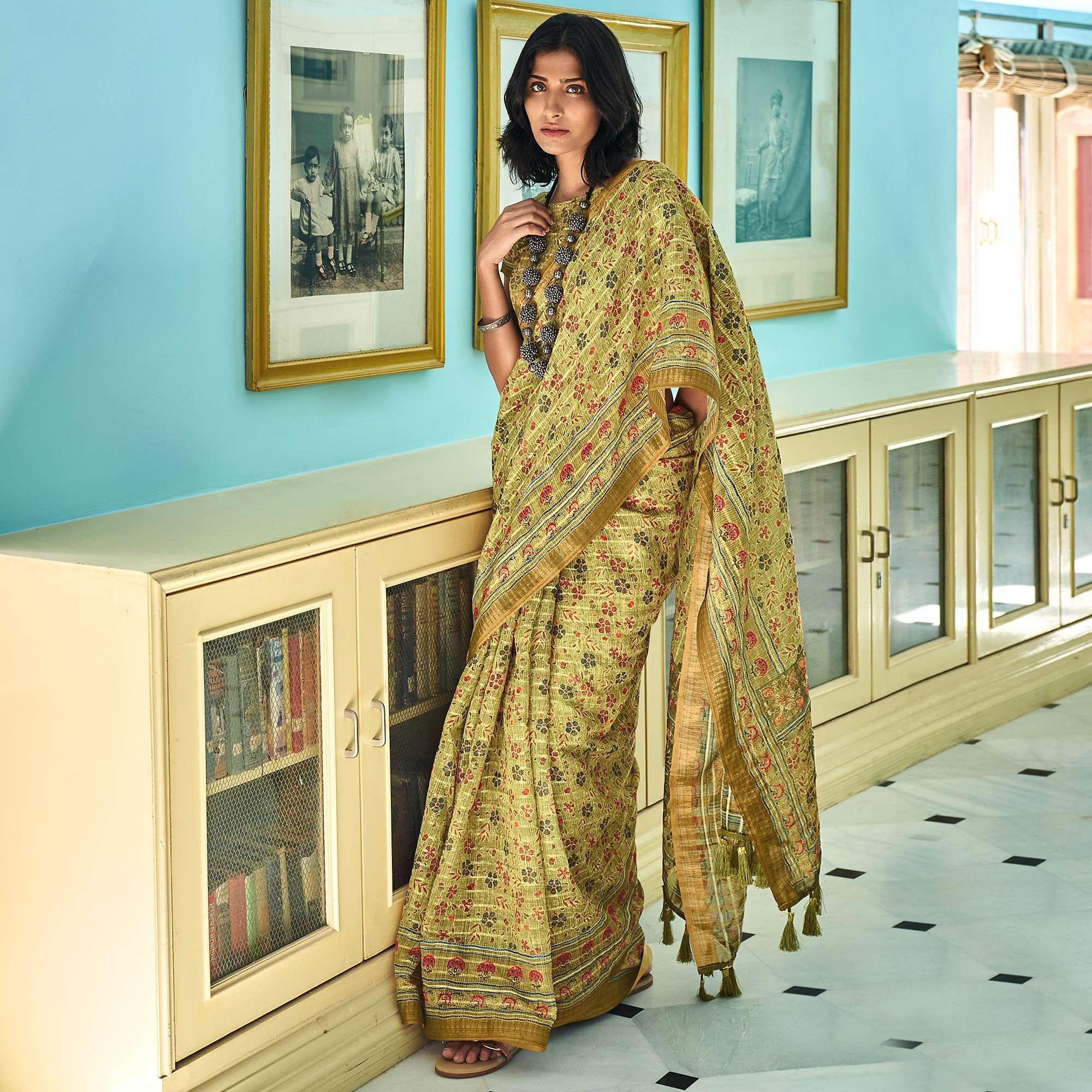 Olive Green Sequence Embroidered Linen Saree - Peachmode