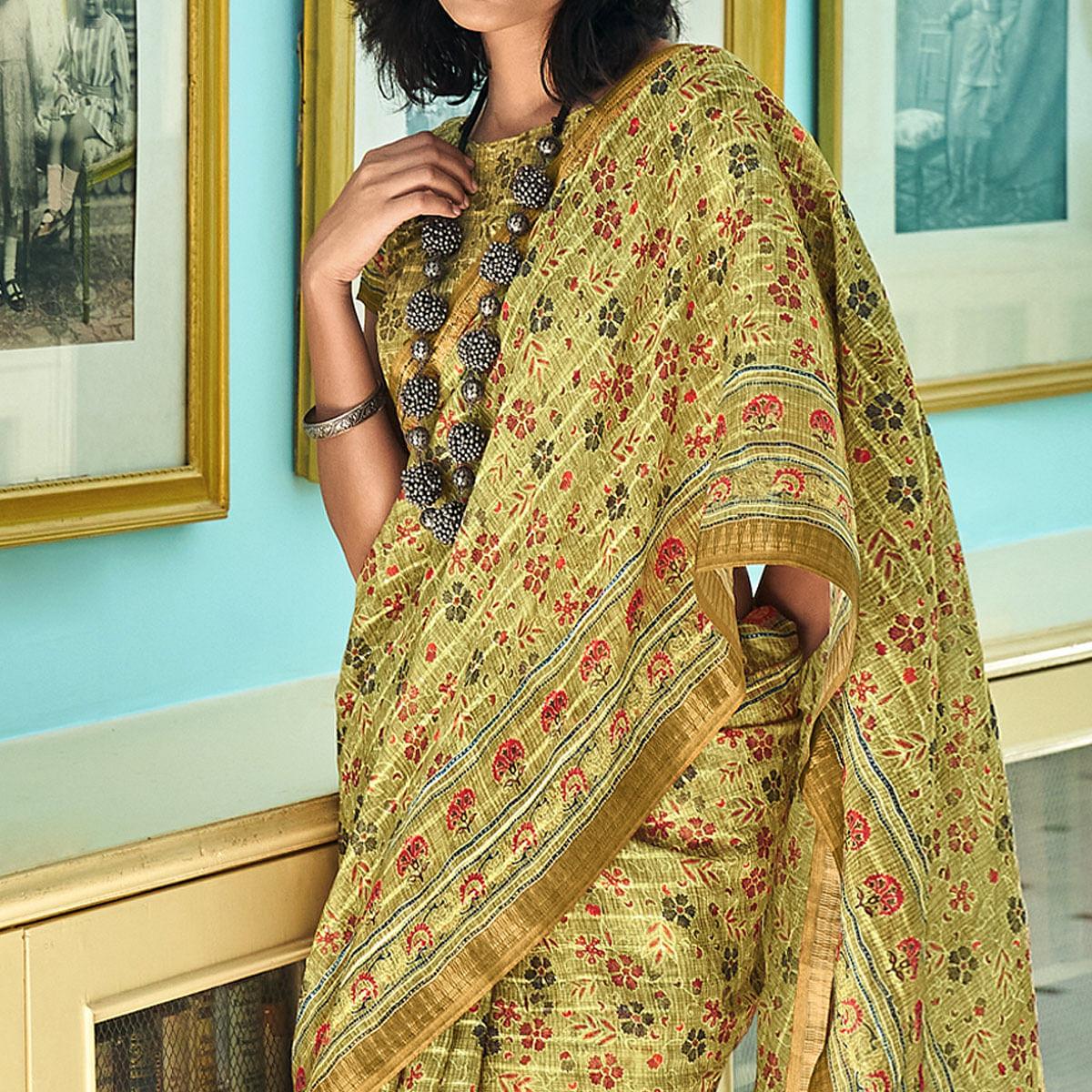 Olive Green Sequence Embroidered Linen Saree - Peachmode