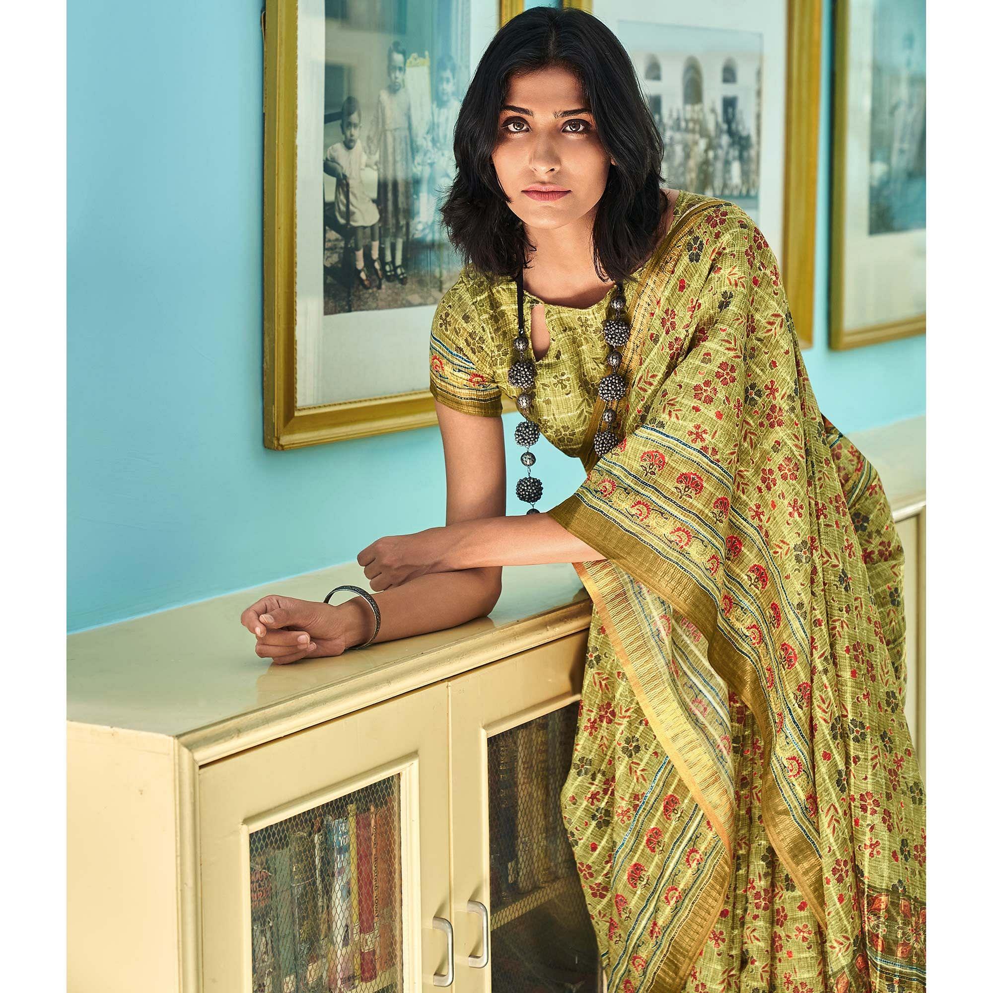 Olive Green Sequence Embroidered Linen Saree - Peachmode