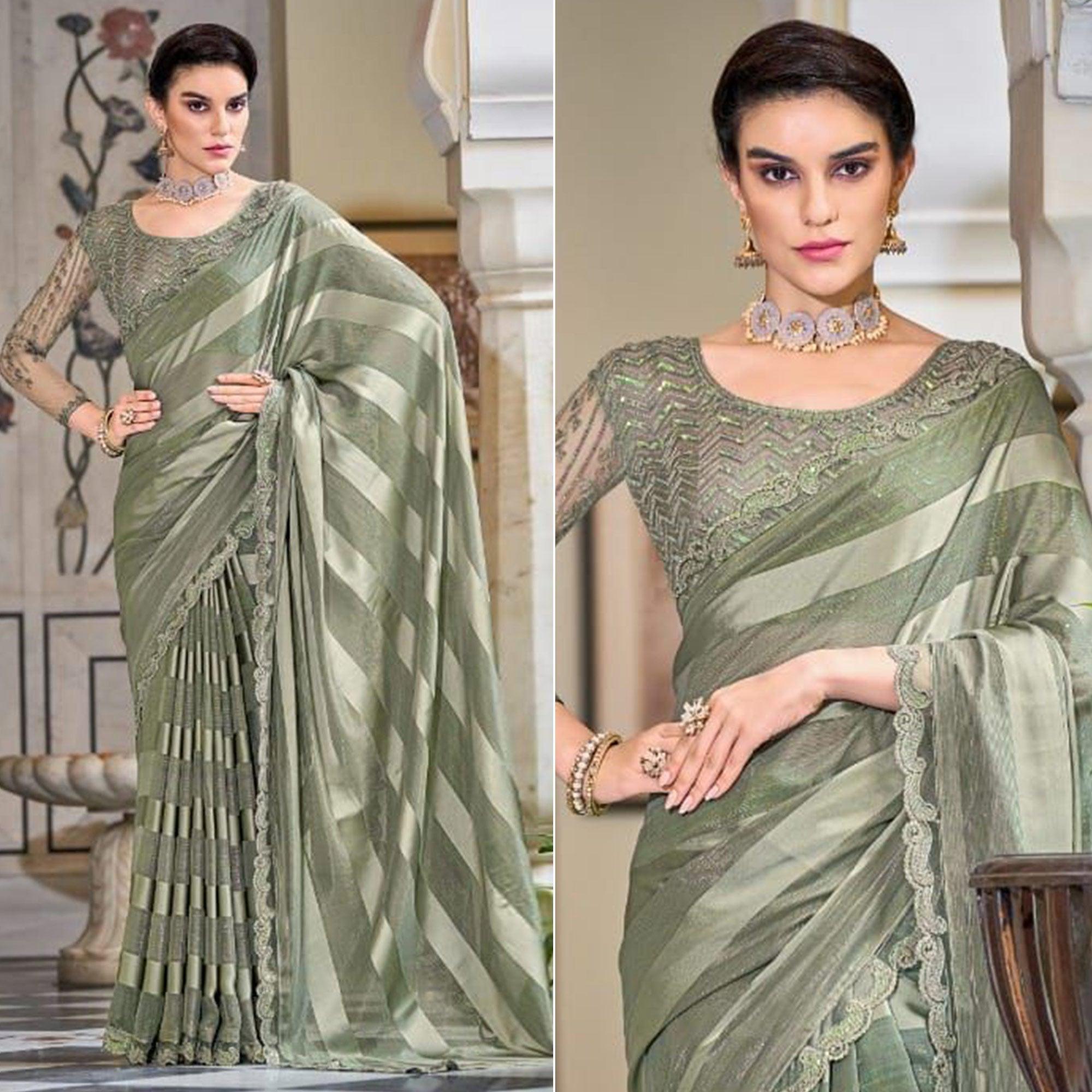 Olive Green Striped Art Silk Saree - Peachmode