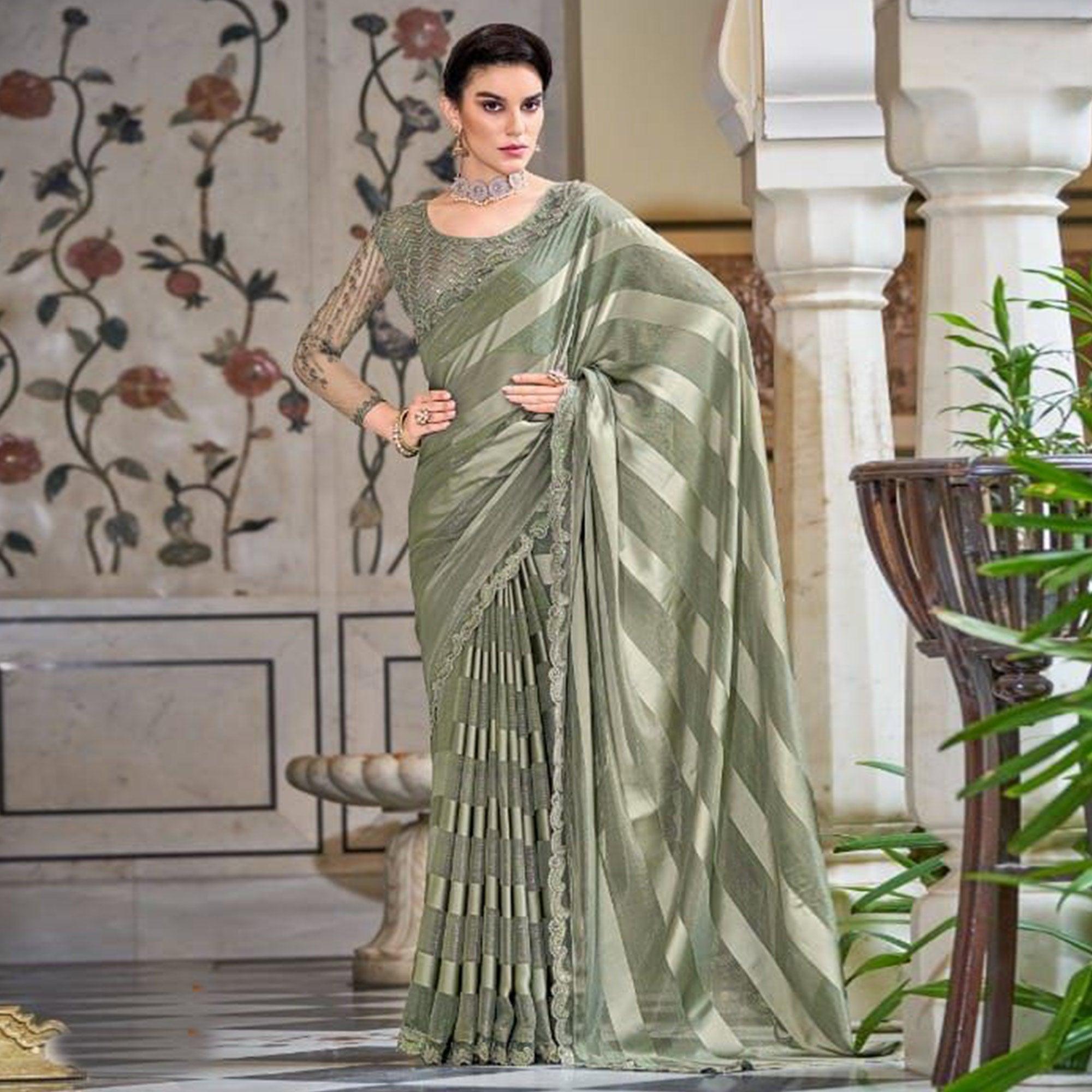 Olive Green Striped Art Silk Saree - Peachmode