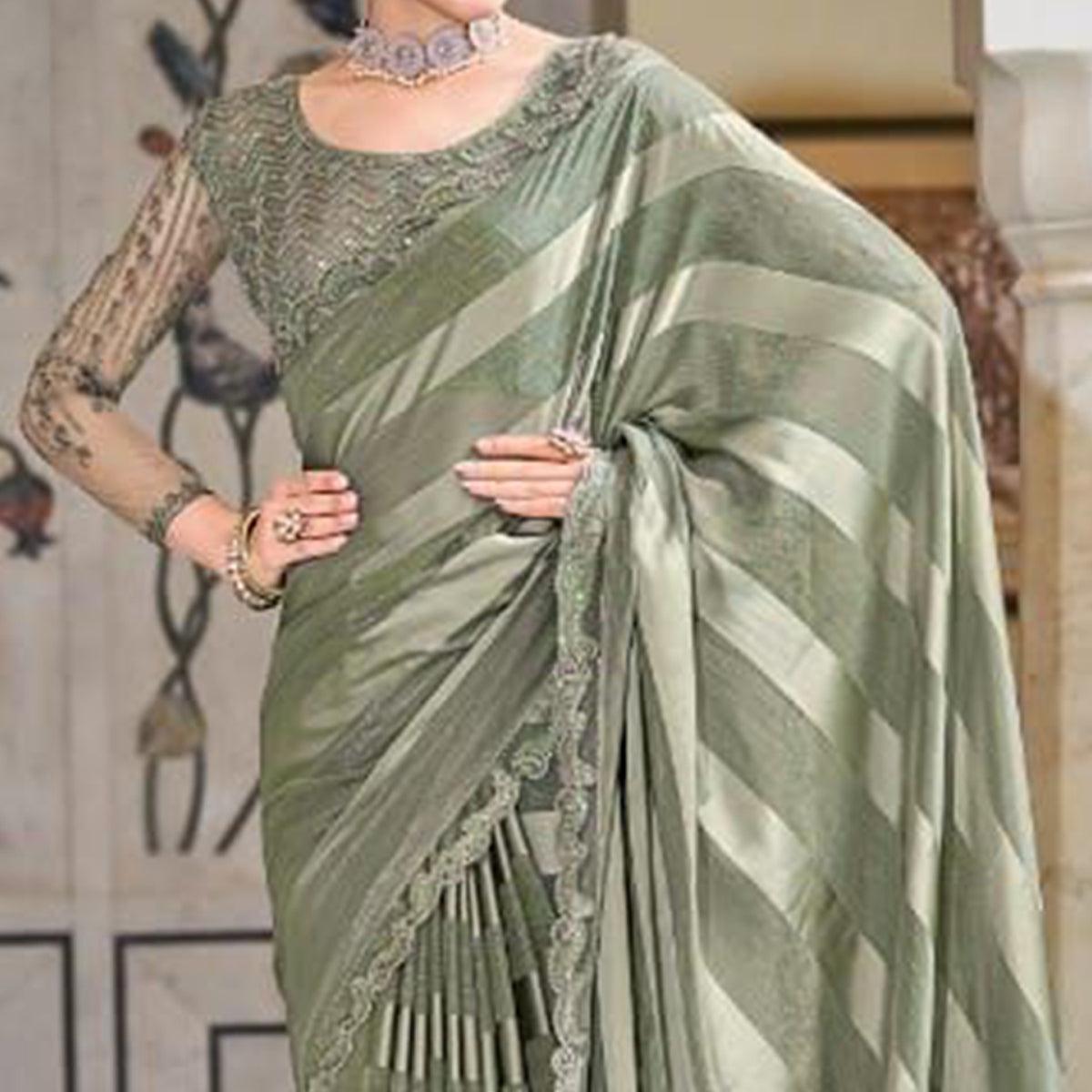 Olive Green Striped Art Silk Saree - Peachmode