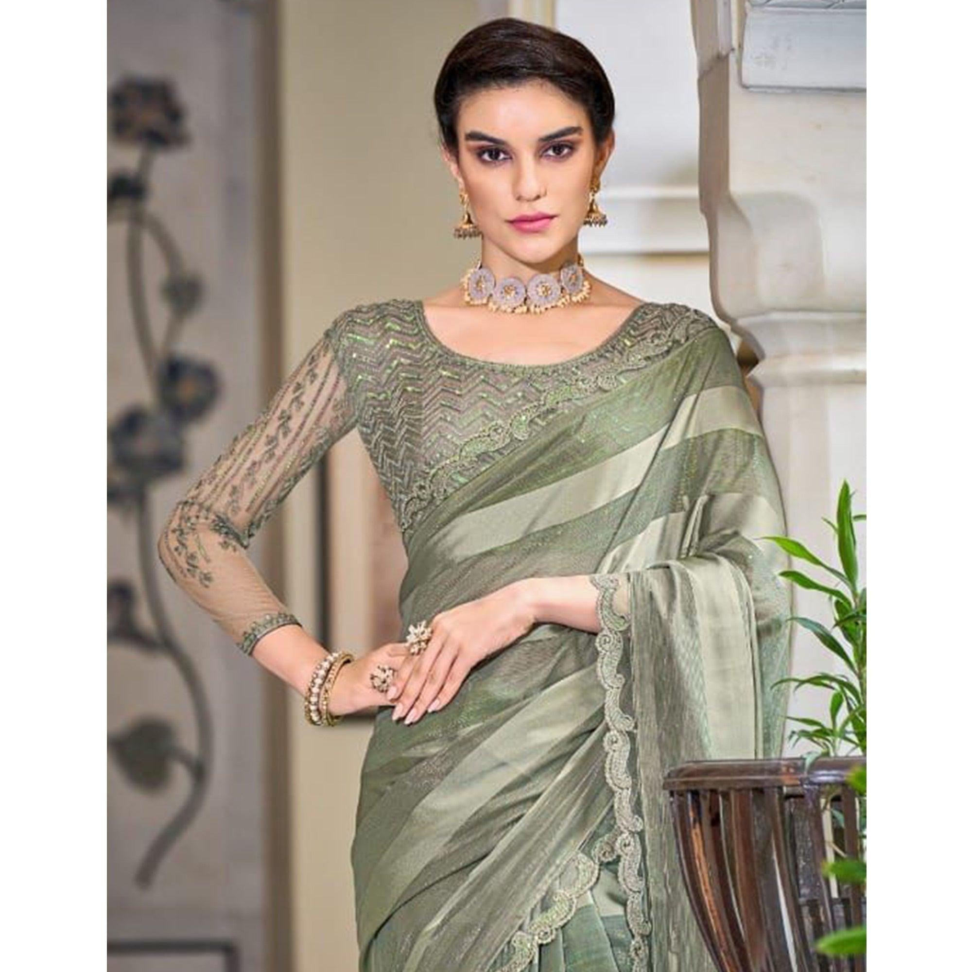 Olive Green Striped Art Silk Saree - Peachmode