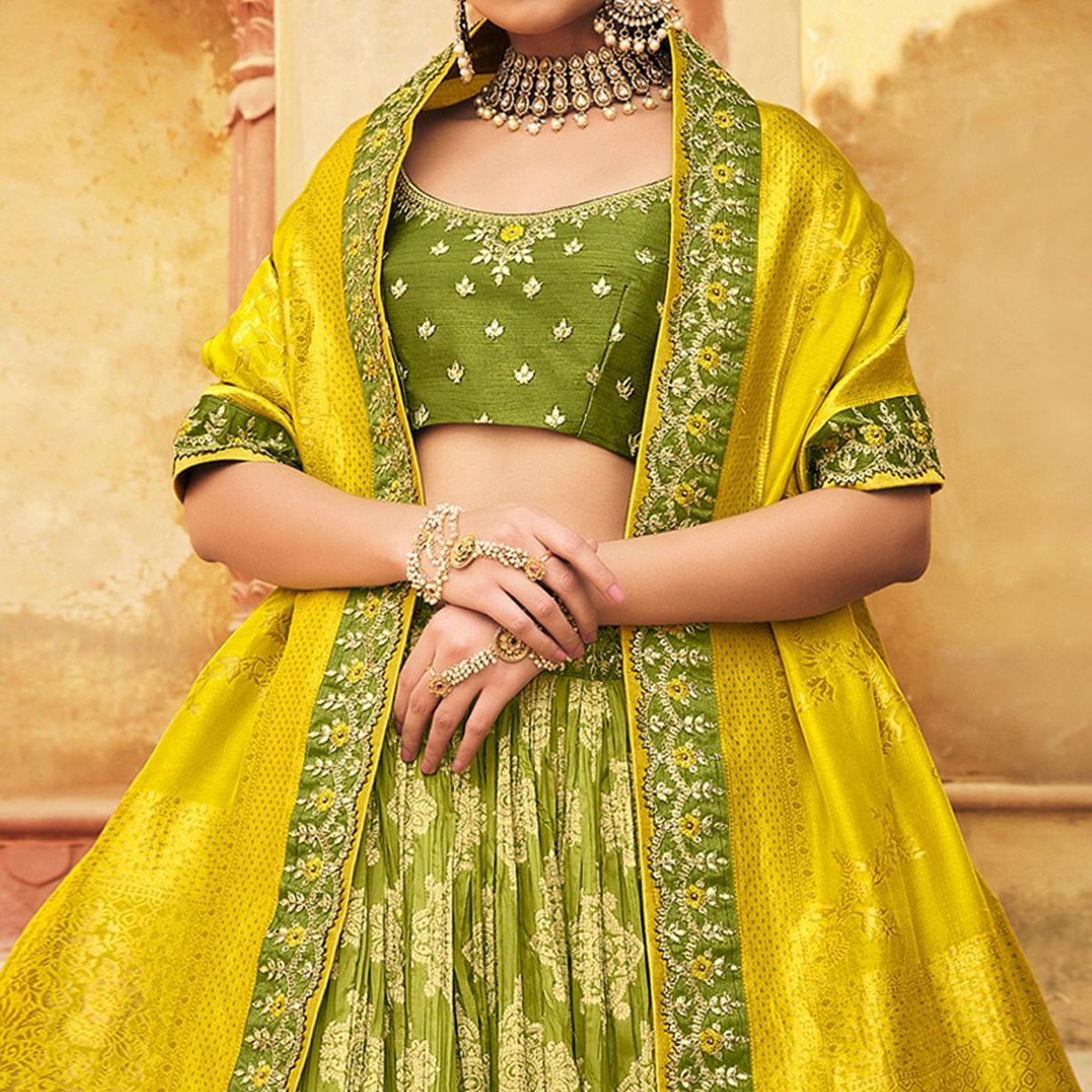 Olive Green Wedding Wear Woven-Embellished Banarasi Silk Lehenga Choli - Peachmode