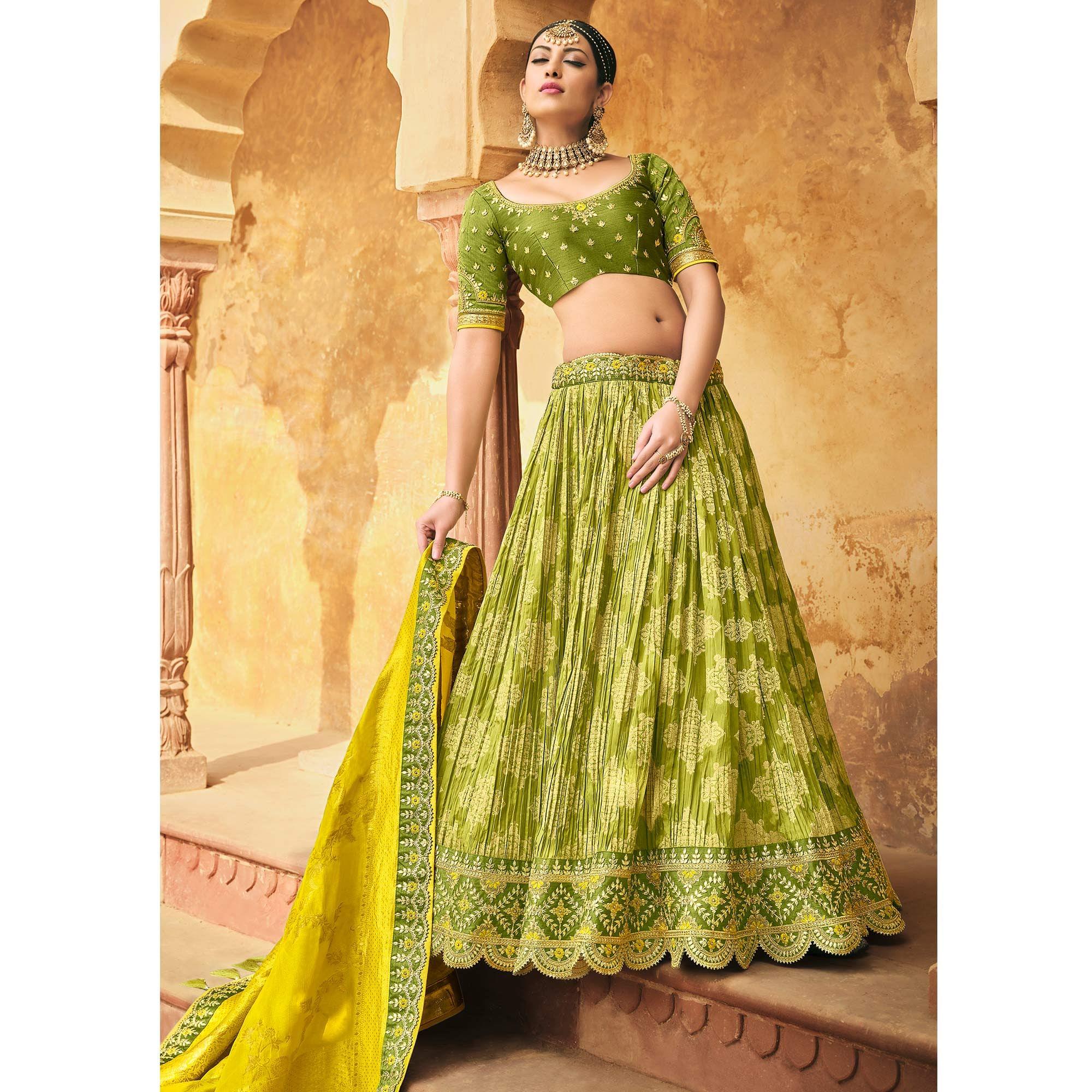 Olive Green Wedding Wear Woven-Embellished Banarasi Silk Lehenga Choli - Peachmode