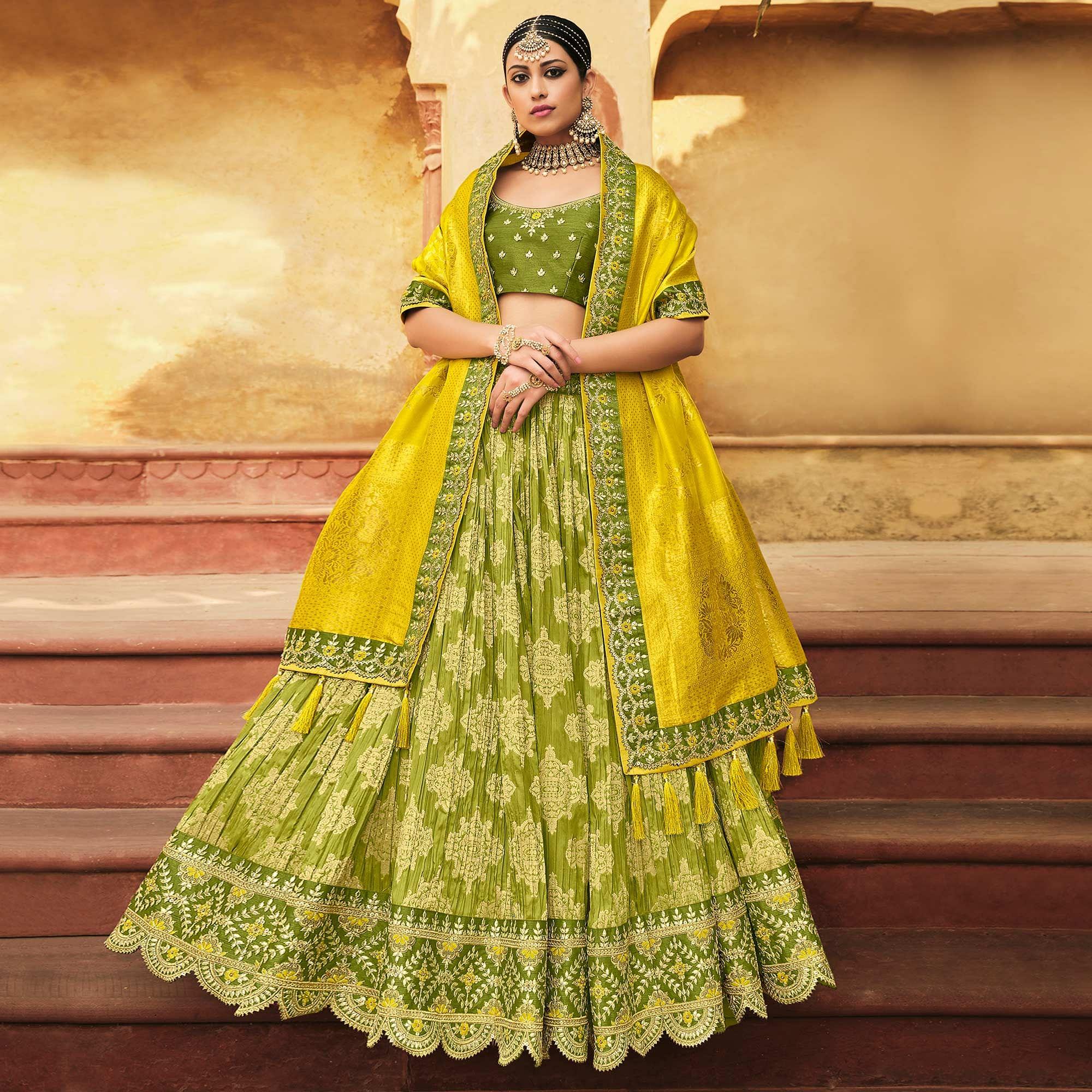 Olive Green Wedding Wear Woven-Embellished Banarasi Silk Lehenga Choli - Peachmode