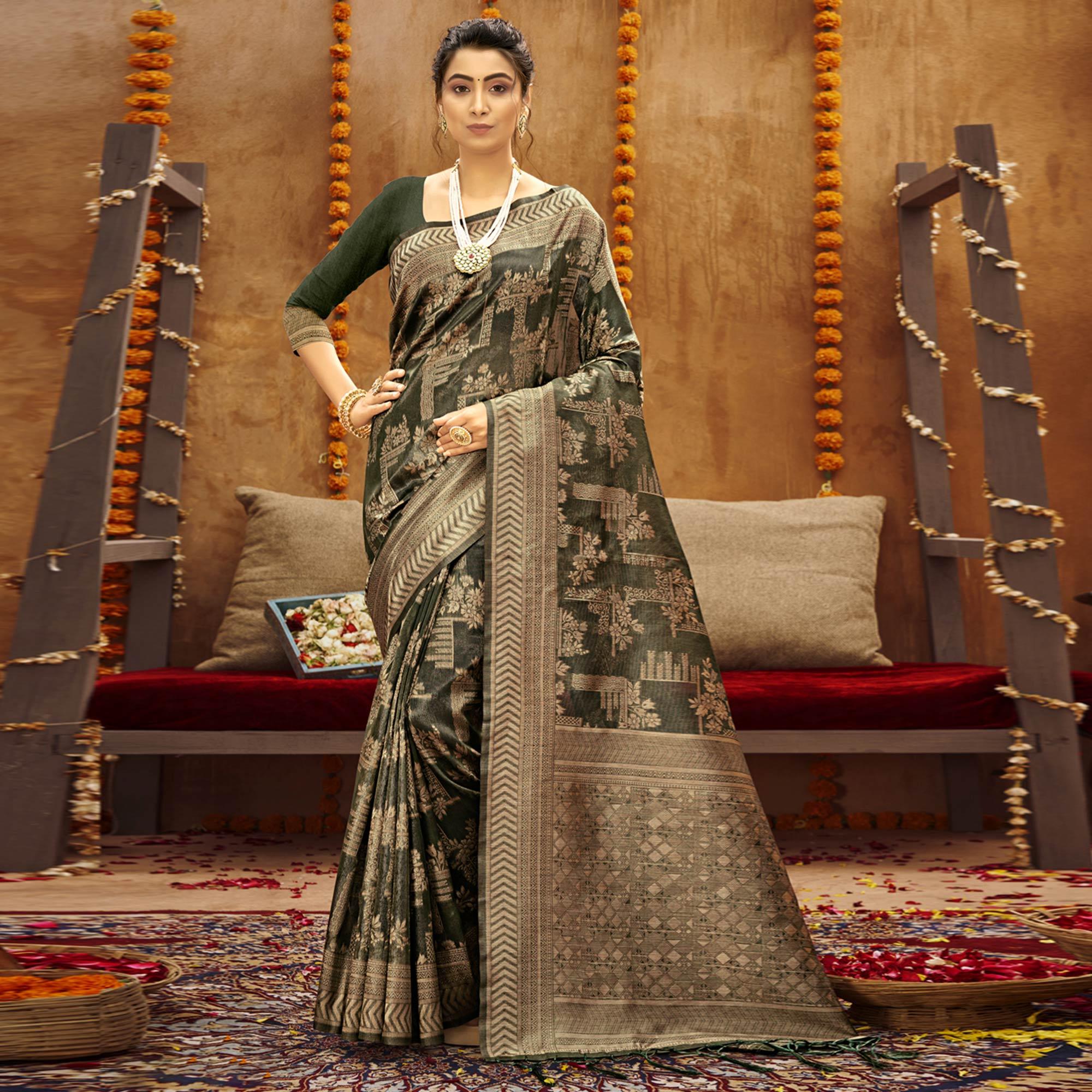 Olive Green Woven Art Silk Saree - Peachmode