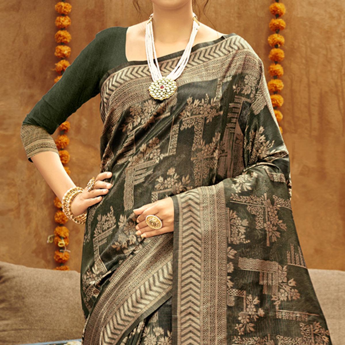 Olive Green Woven Art Silk Saree - Peachmode