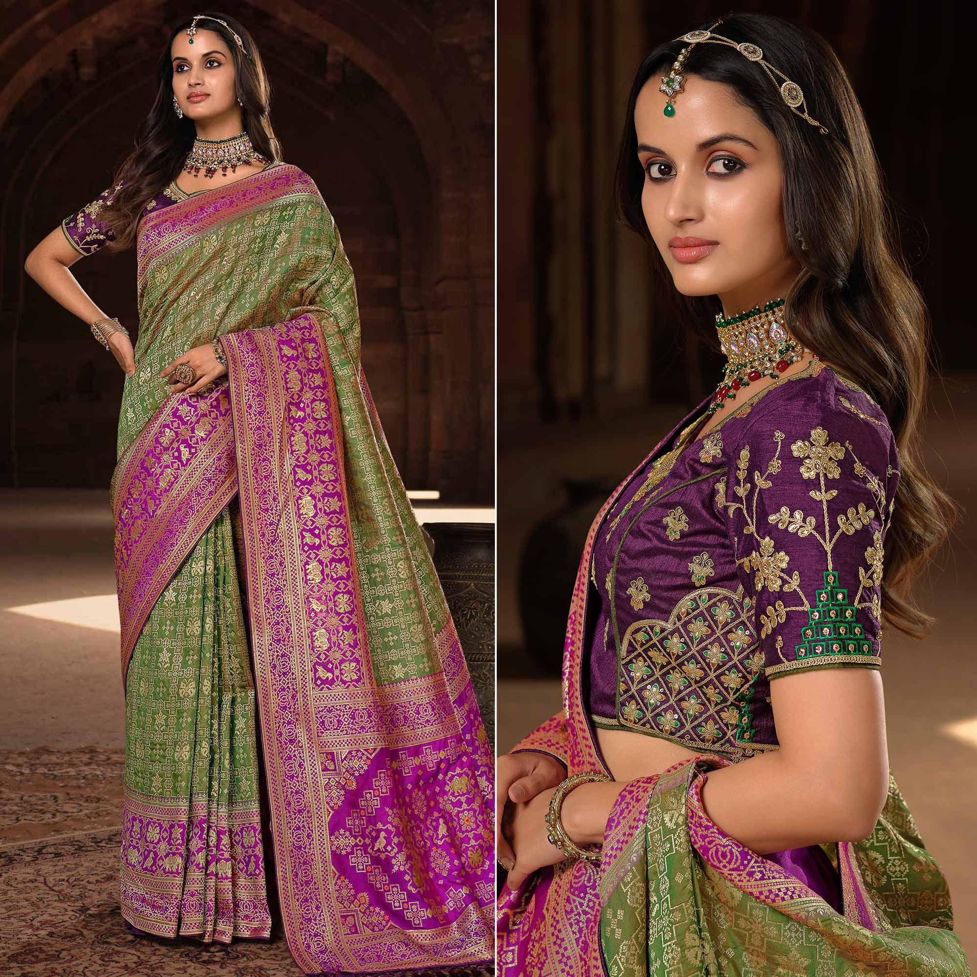 Olive Green Woven Banarasi Silk Saree With Tassels - Peachmode