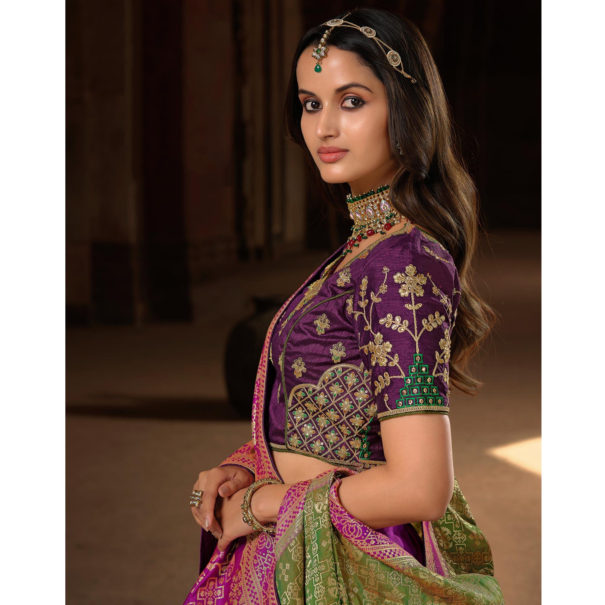 Olive Green Woven Banarasi Silk Saree With Tassels - Peachmode