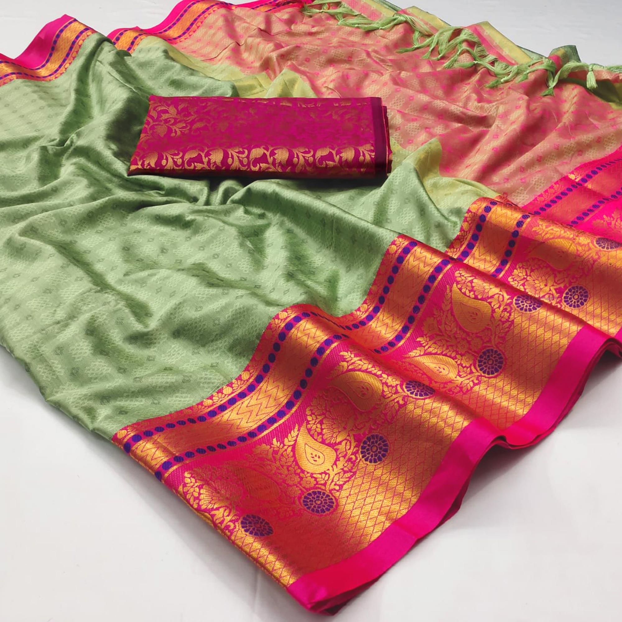 Olive Green Woven Cotton Silk Saree With Tassels - Peachmode