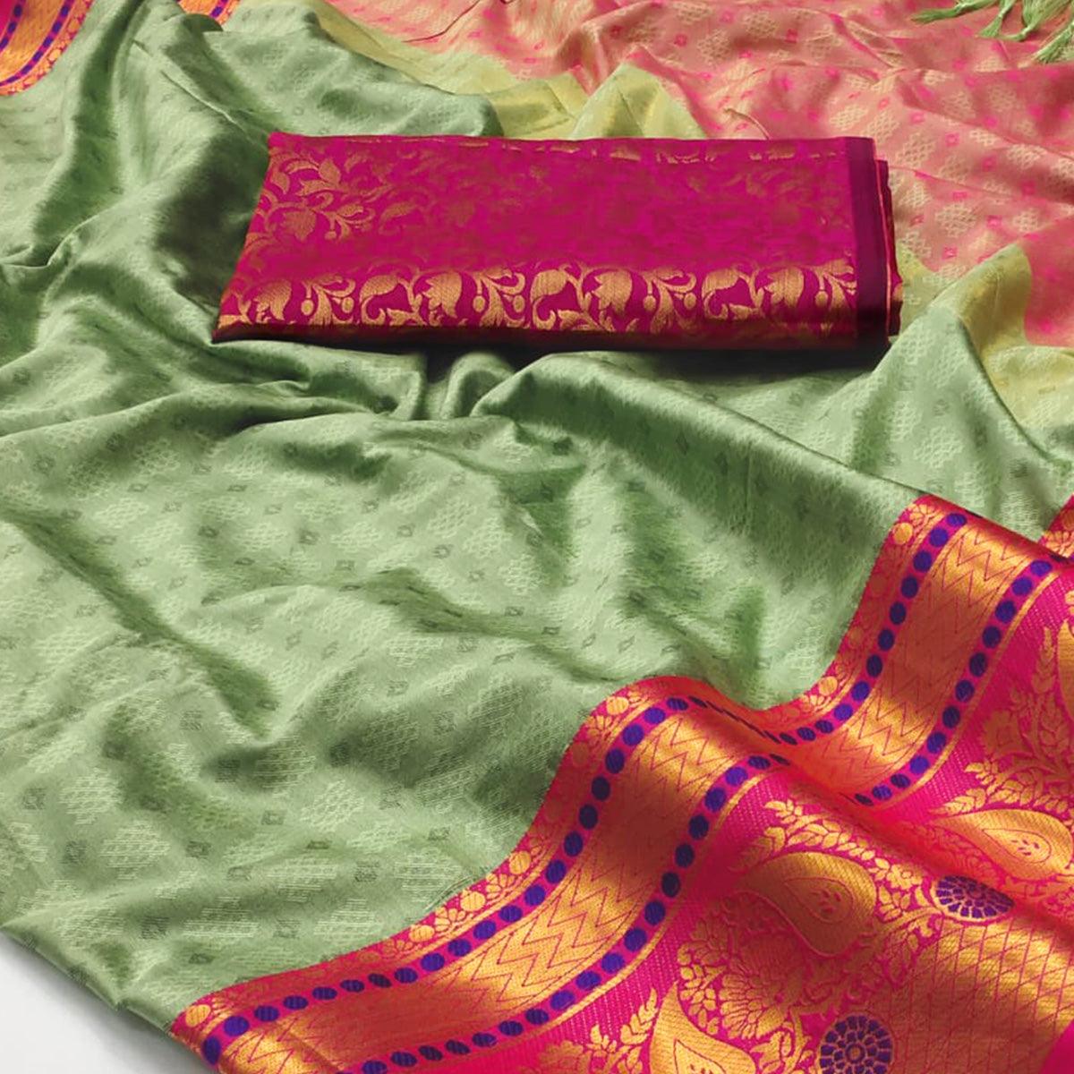 Olive Green Woven Cotton Silk Saree With Tassels - Peachmode