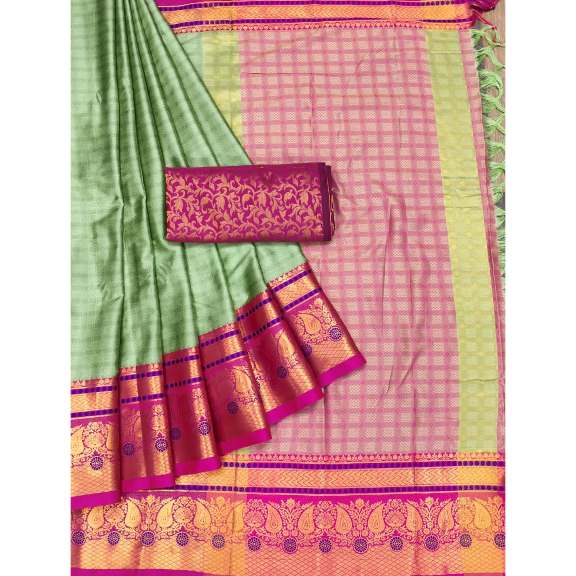 Olive Green Woven Cotton Silk Saree With Tassels - Peachmode