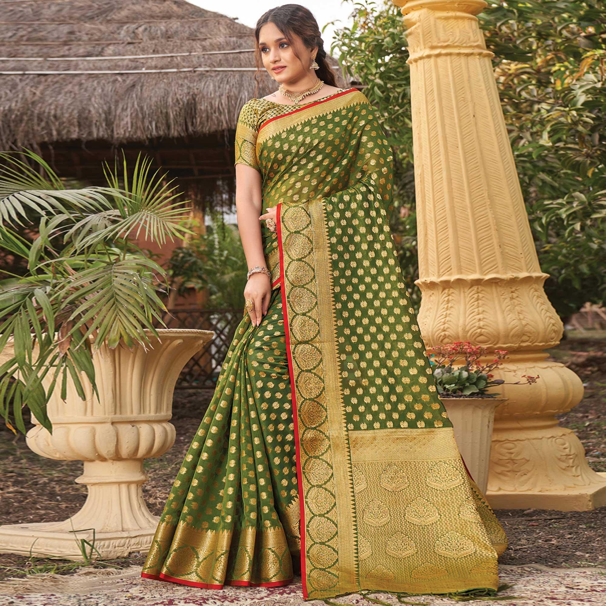 Olive Green Woven Organza Saree with Tassels - Peachmode