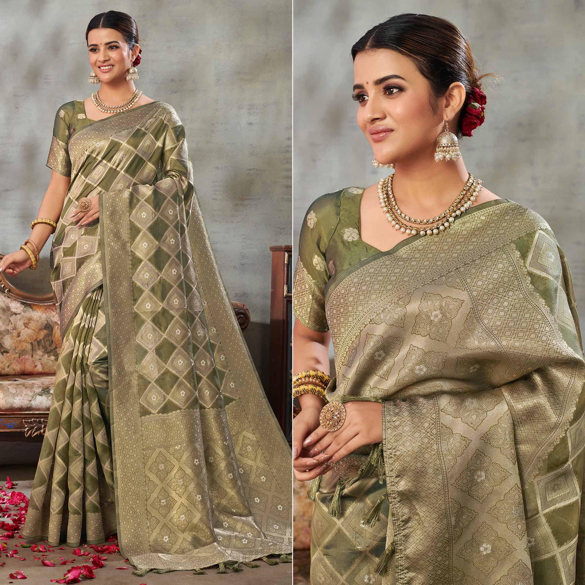 Olive Green Woven Organza Saree With Tassels - Peachmode