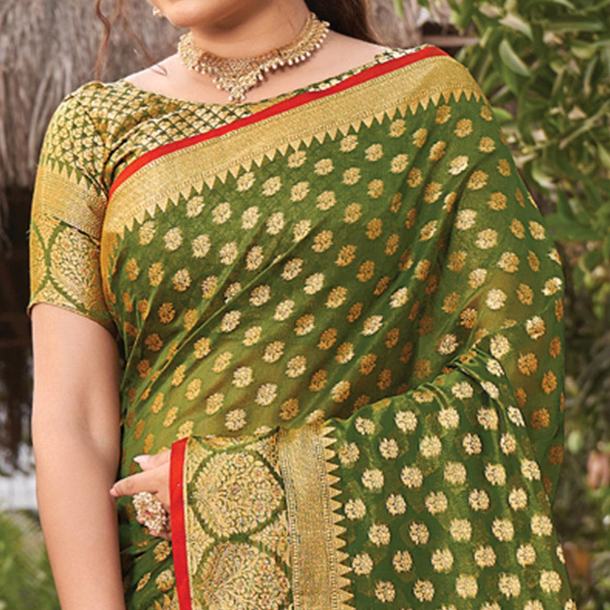 Olive Green Woven Organza Saree with Tassels - Peachmode