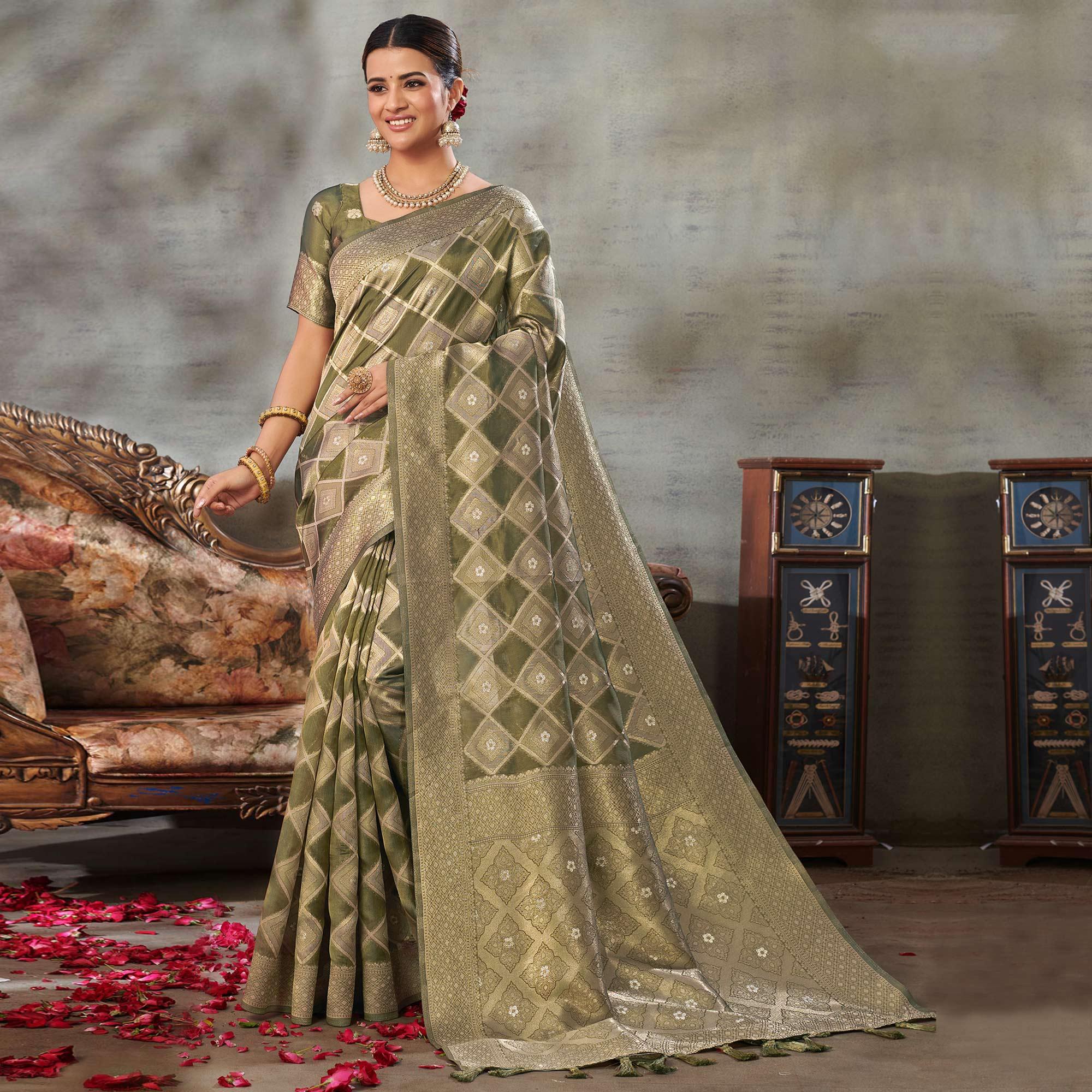 Olive Green Woven Organza Saree With Tassels - Peachmode