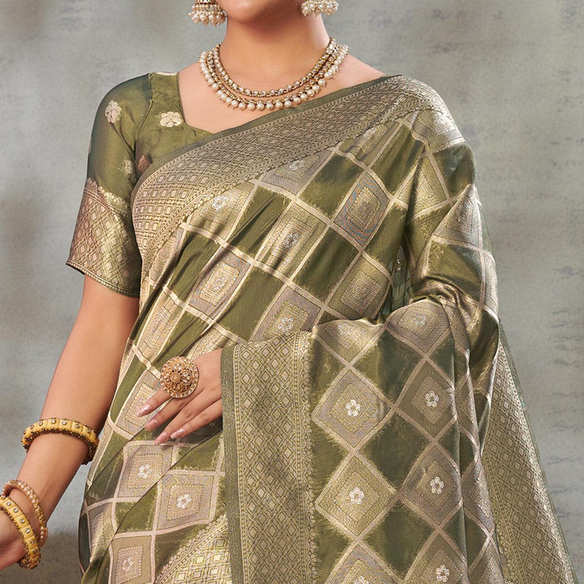 Olive Green Woven Organza Saree With Tassels - Peachmode