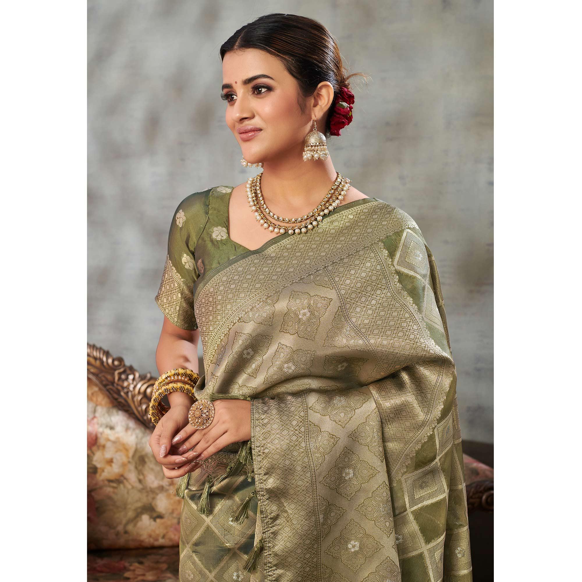 Olive Green Woven Organza Saree With Tassels - Peachmode