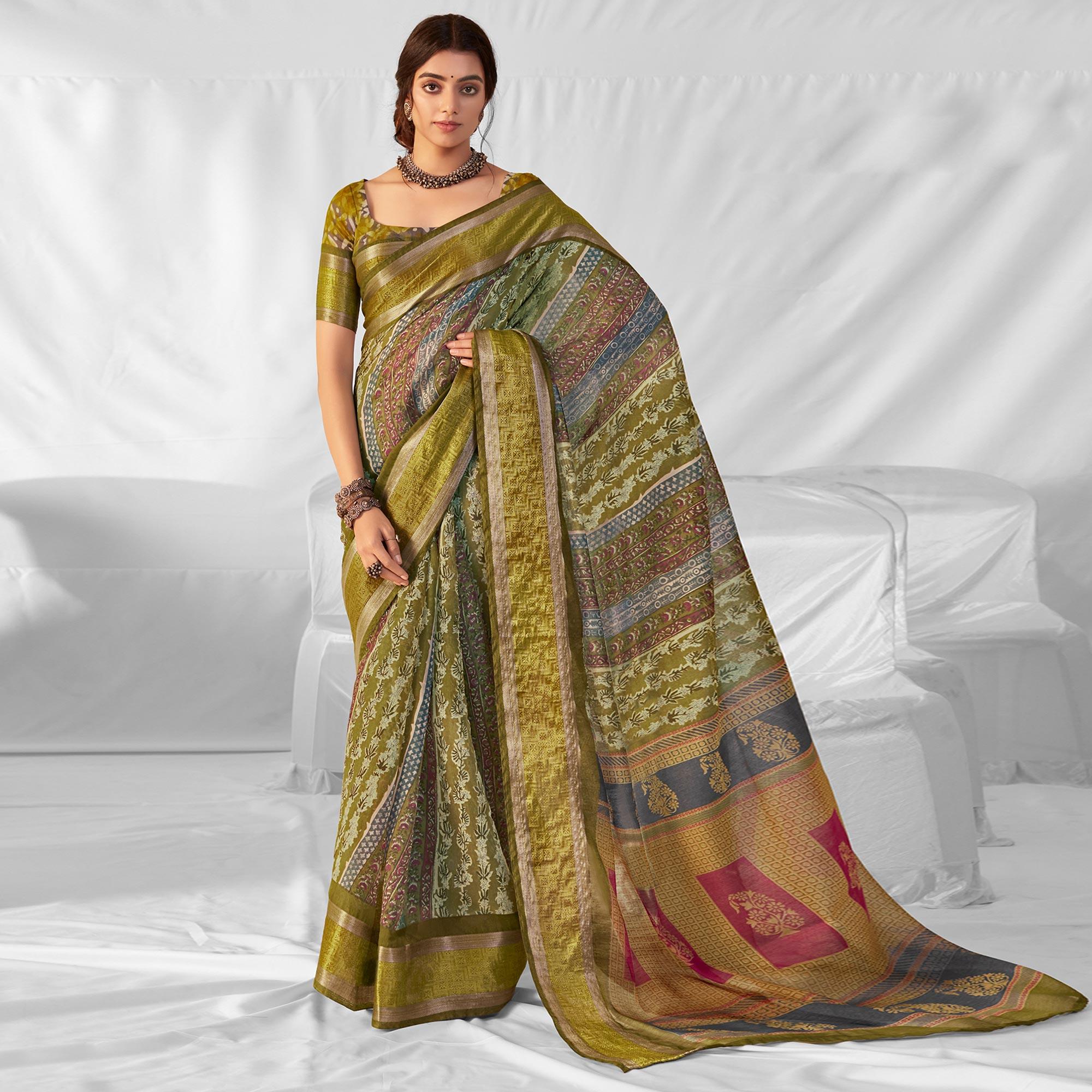 Olive Green Woven-Printed Chanderi Saree - Peachmode