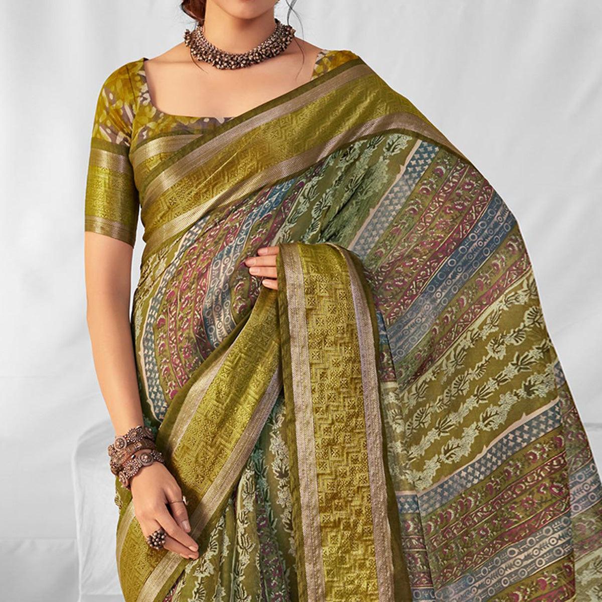 Olive Green Woven-Printed Chanderi Saree - Peachmode