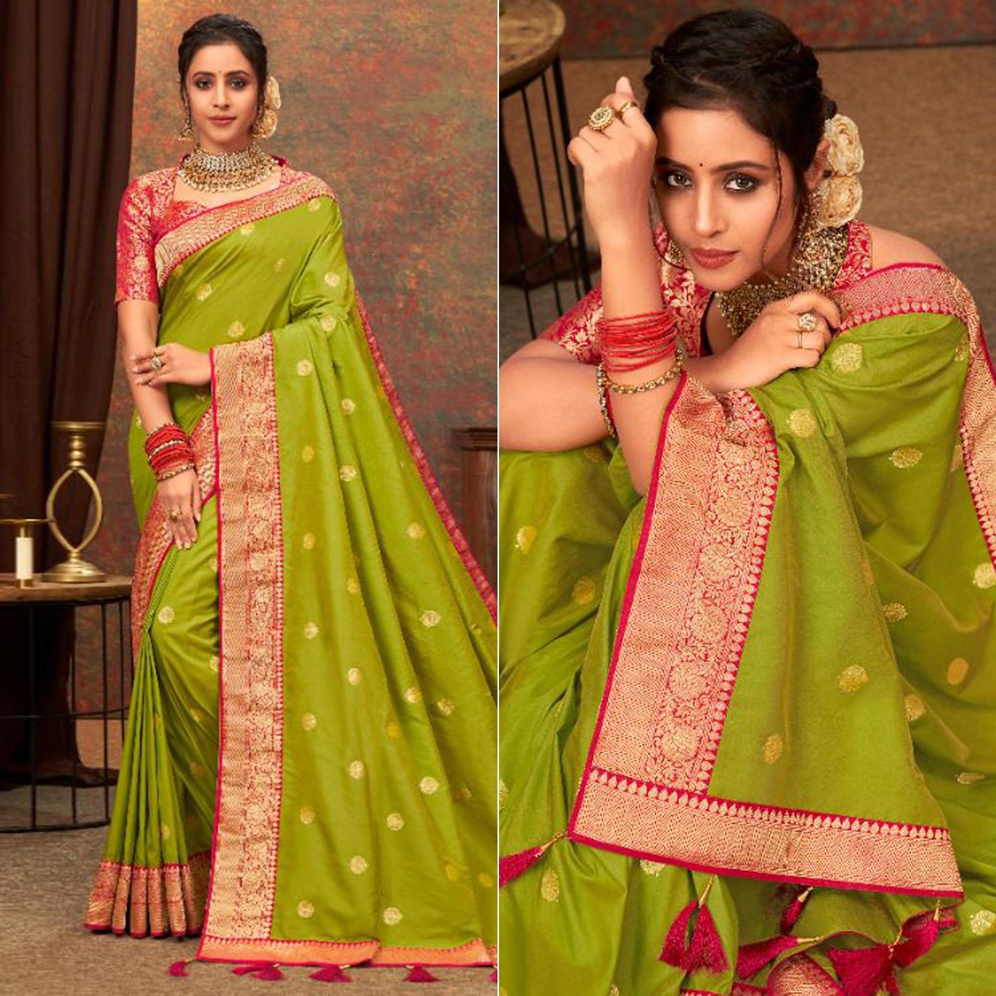 Olive Green Woven Pure Silk Saree With Tassels - Peachmode