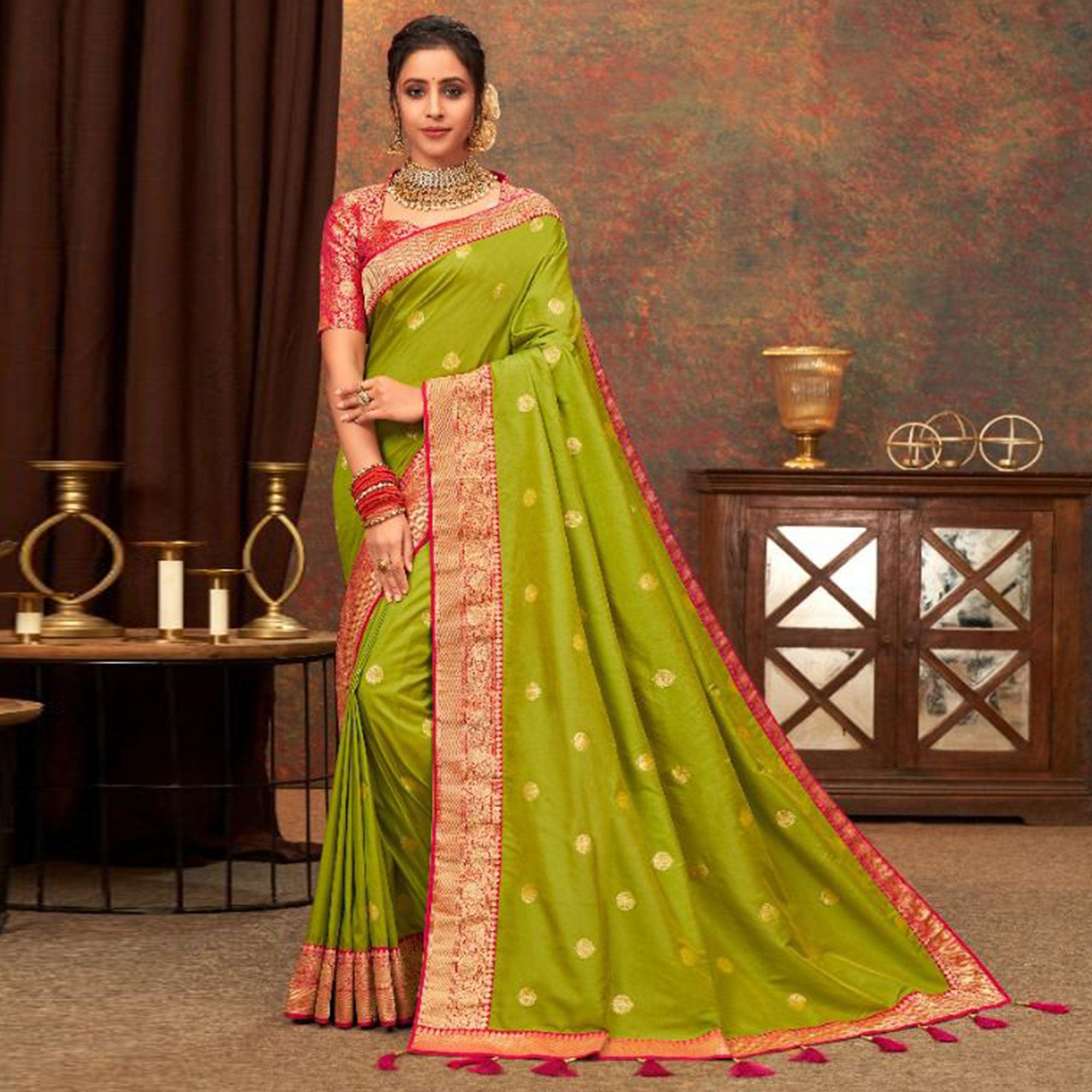 Olive Green Woven Pure Silk Saree With Tassels - Peachmode