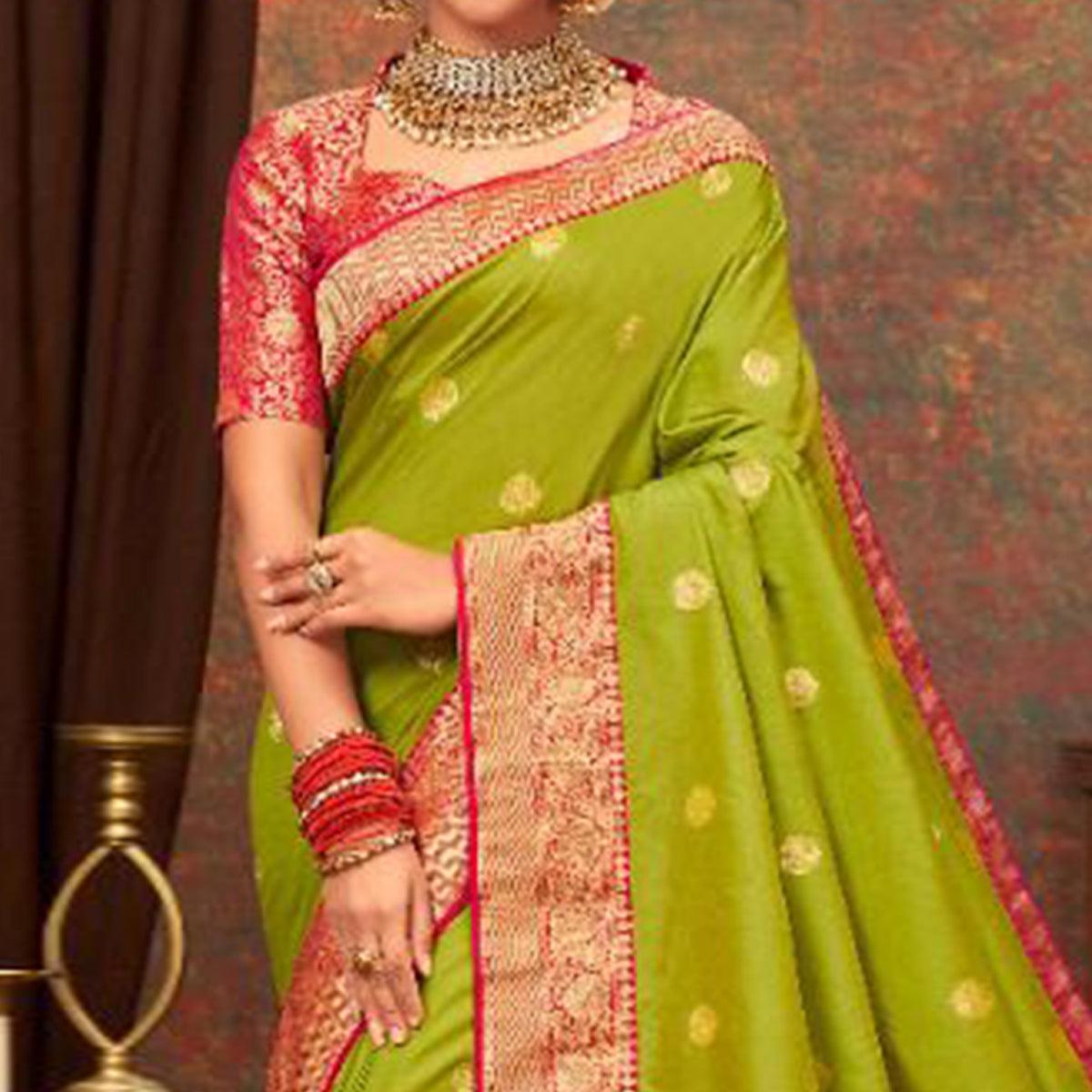 Olive Green Woven Pure Silk Saree With Tassels - Peachmode