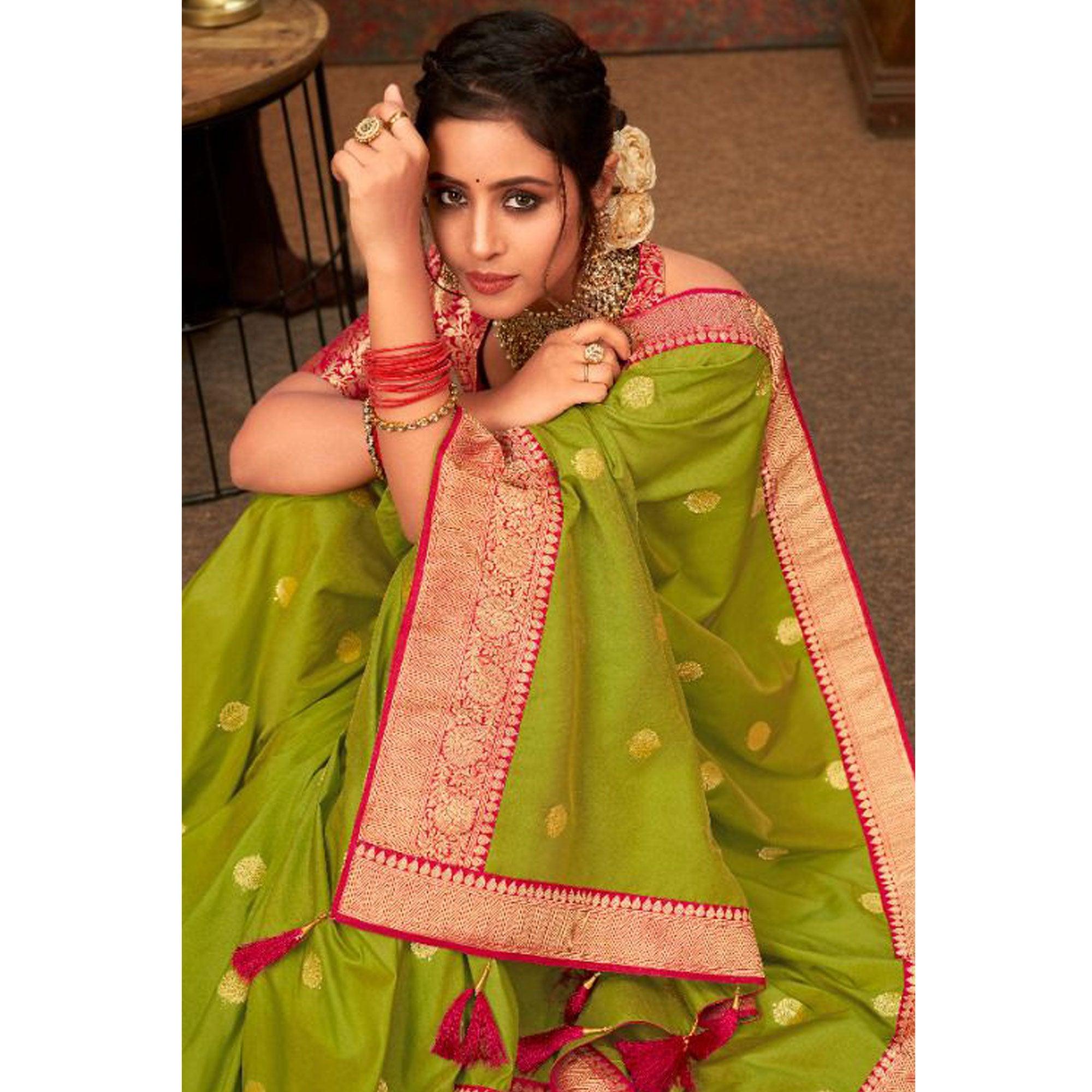 Olive Green Woven Pure Silk Saree With Tassels - Peachmode