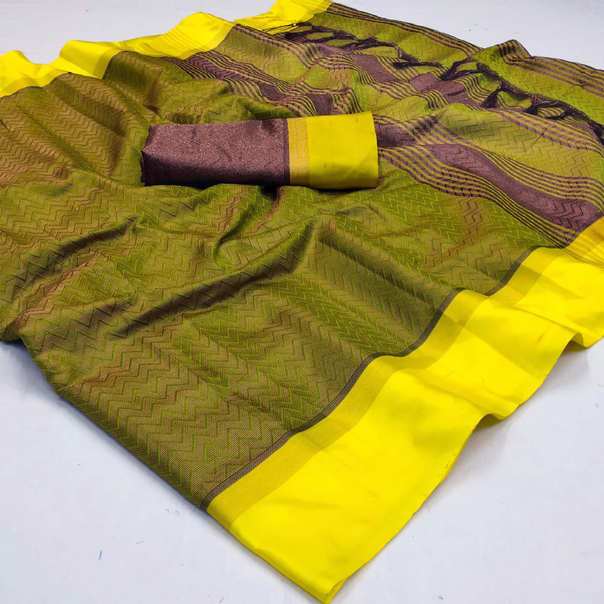 Olive Green Zig Zag Woven Cotton Silk Saree - Peachmode