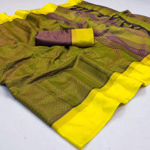 Olive Green Zig Zag Woven Cotton Silk Saree - Peachmode