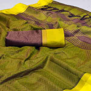 Olive Green Zig Zag Woven Cotton Silk Saree - Peachmode