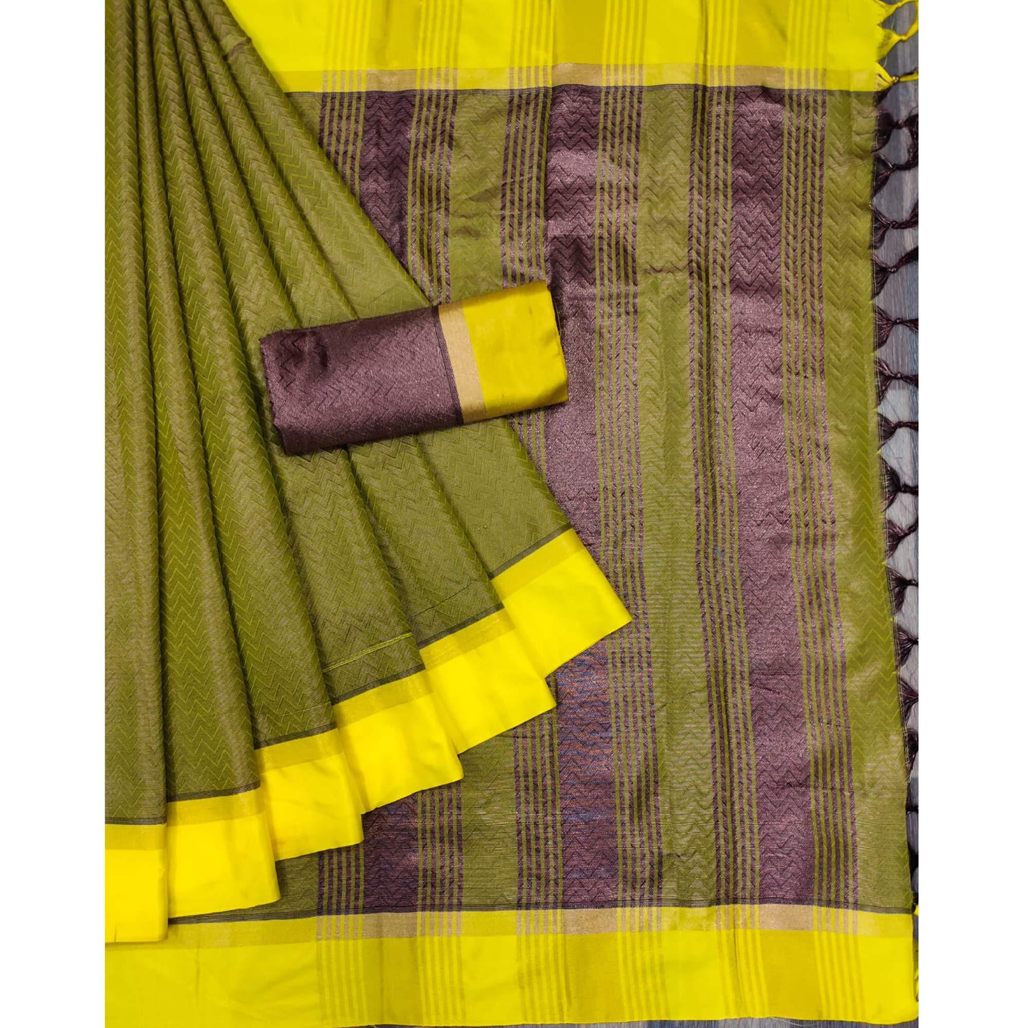 Olive Green Zig Zag Woven Cotton Silk Saree - Peachmode