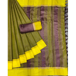 Olive Green Zig Zag Woven Cotton Silk Saree - Peachmode